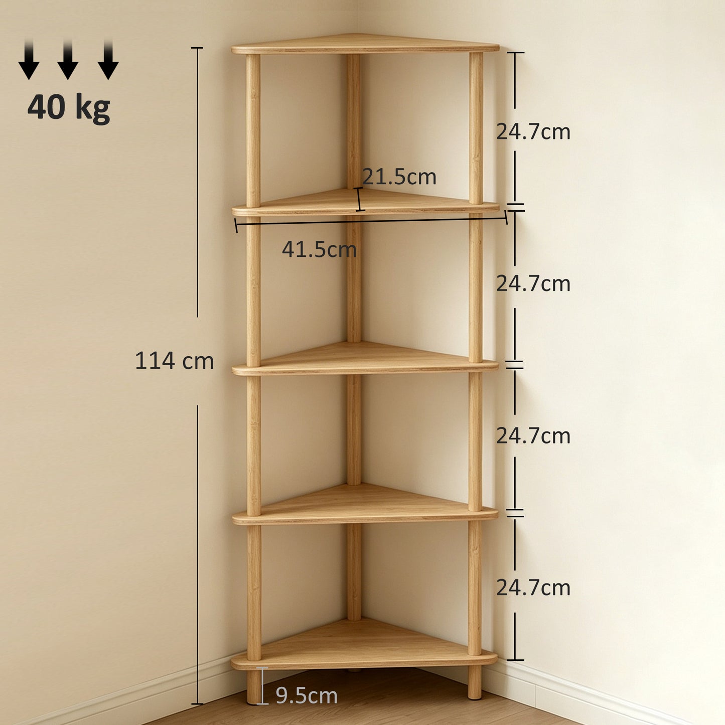 HOMCOM Bamboo Storage Shelf Five Tier Corner Shelf Freestanding Shelving Unit Living Room Natural Wood Finish