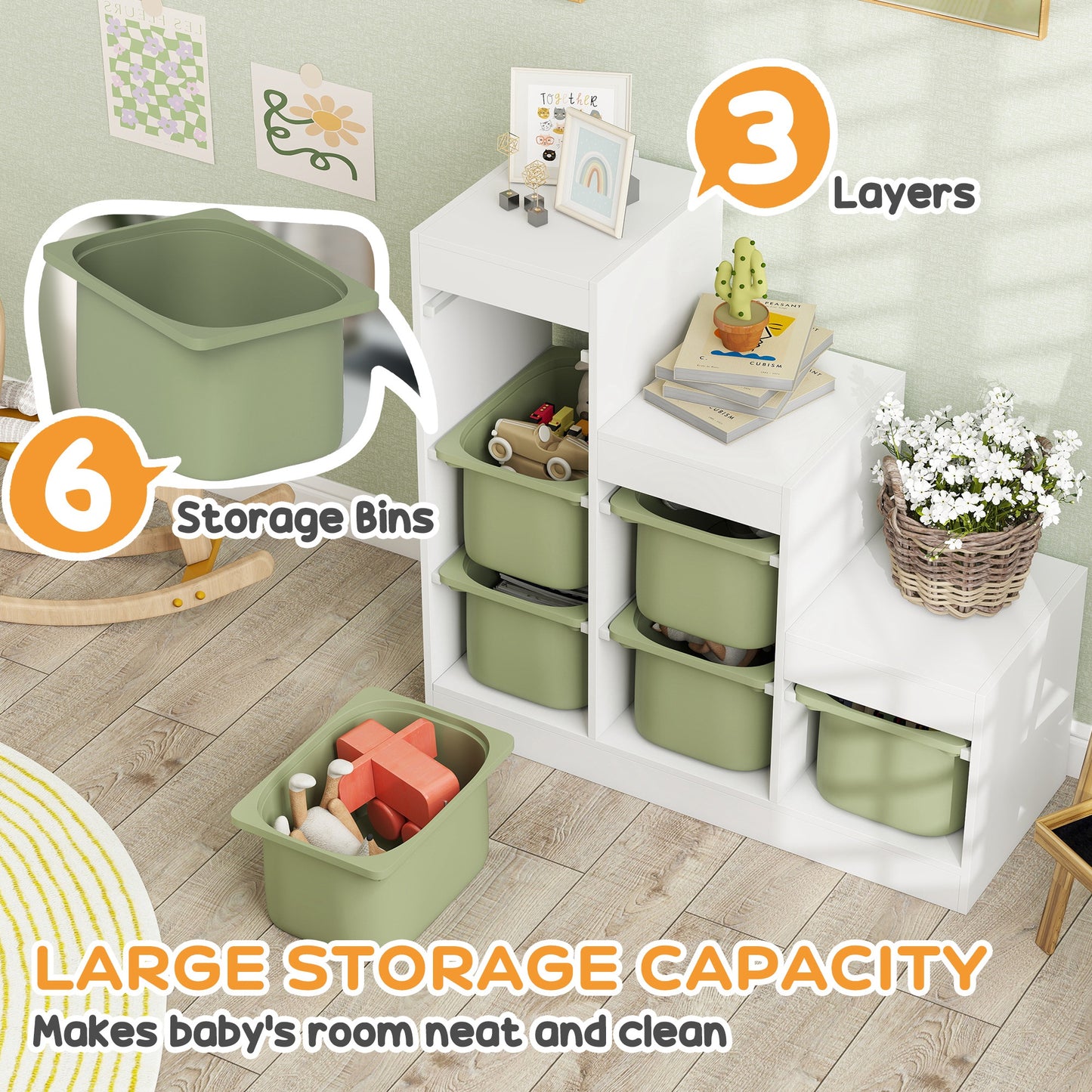 Aiyaplay Three Layer Toy Storage Organiser For Kids Ages 3 To 8 With Removable Bins Green