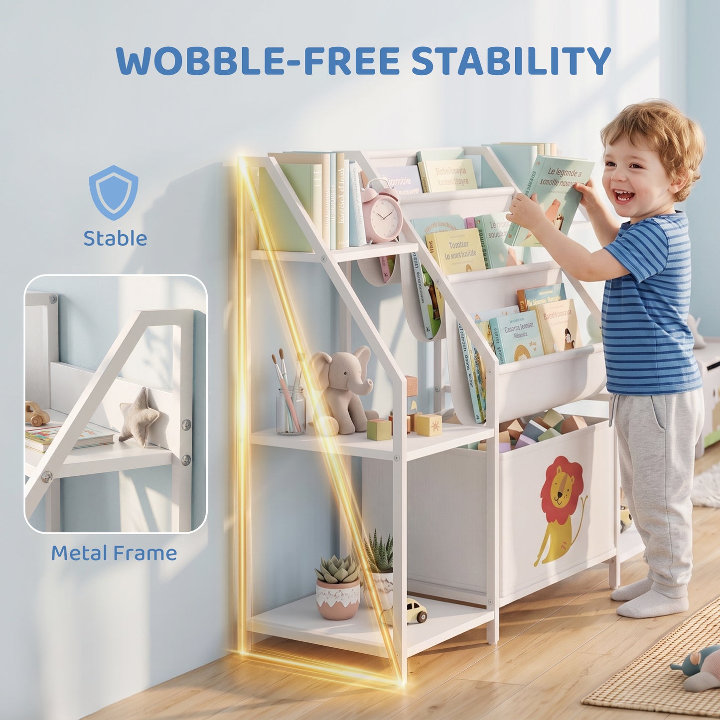 AIYAPLAY Kids Bookshelf And Toy Storage With 3 Tier Sling Book Rack And Fabric Drawer For Nursery Bedroom Playroom White