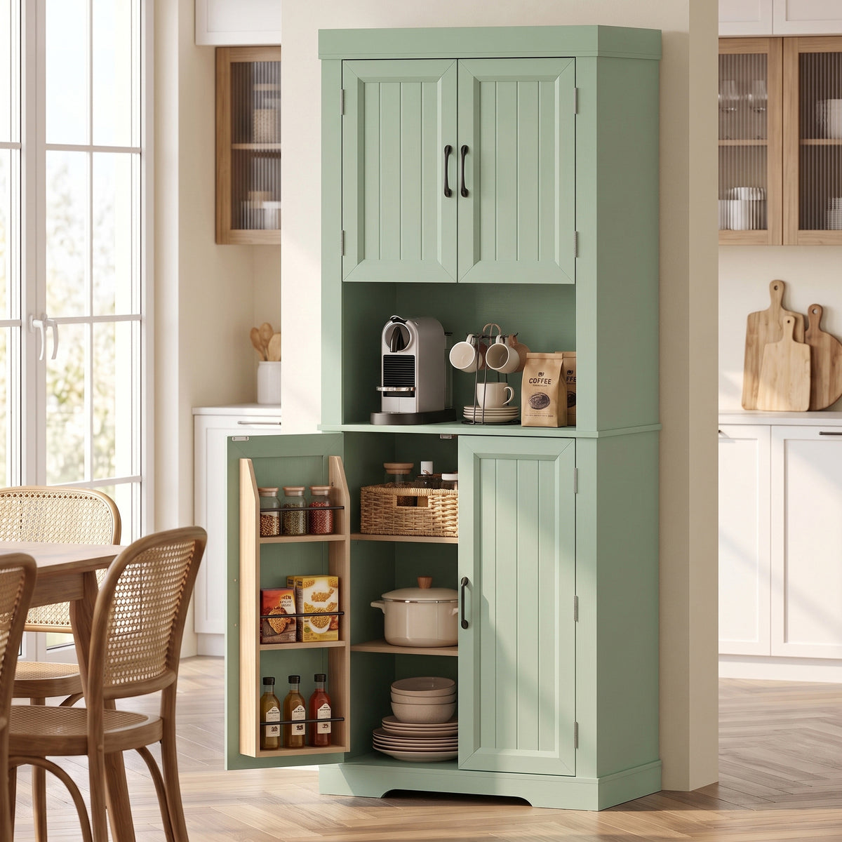 Sage green tall kitchen cabinet with double doors and open countertop section