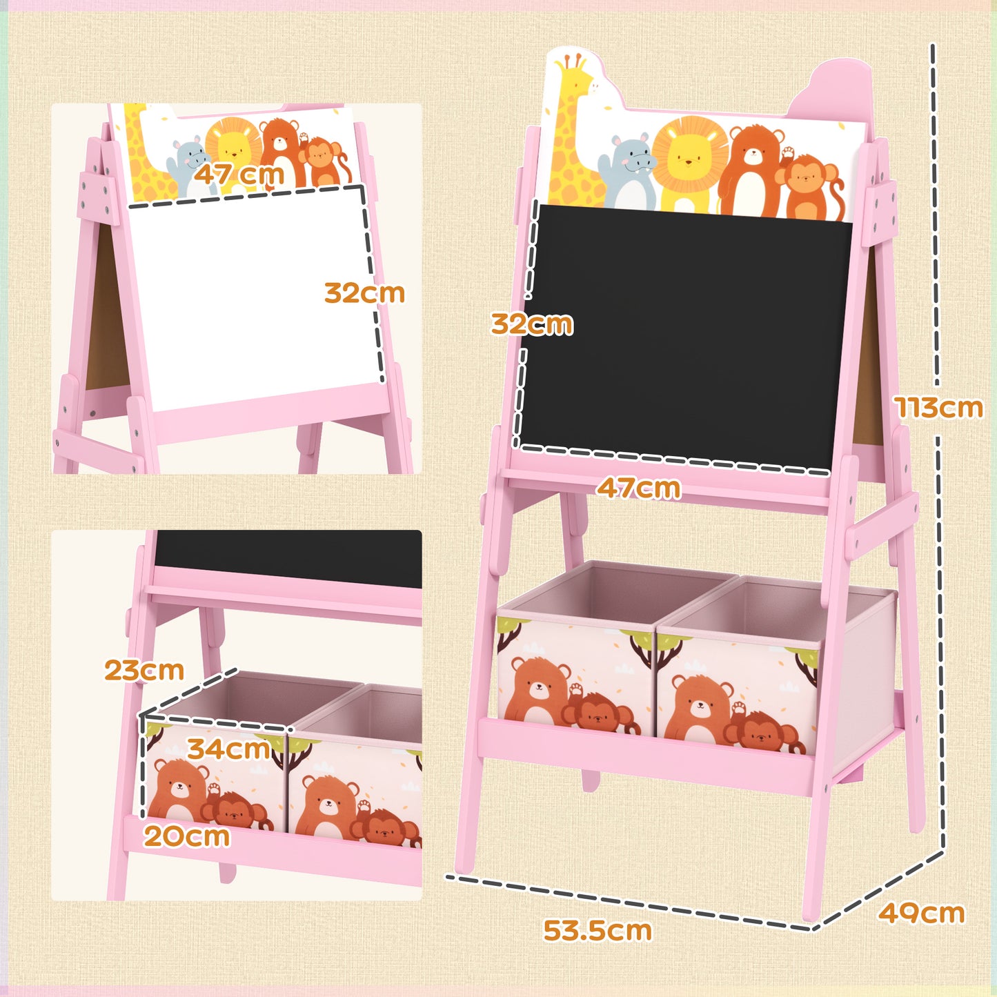 AIYAPLAY 2 In 1 Kids Easel With Whiteboard And Chalkboard Storage Boxes For Ages 3 To 8 Pink