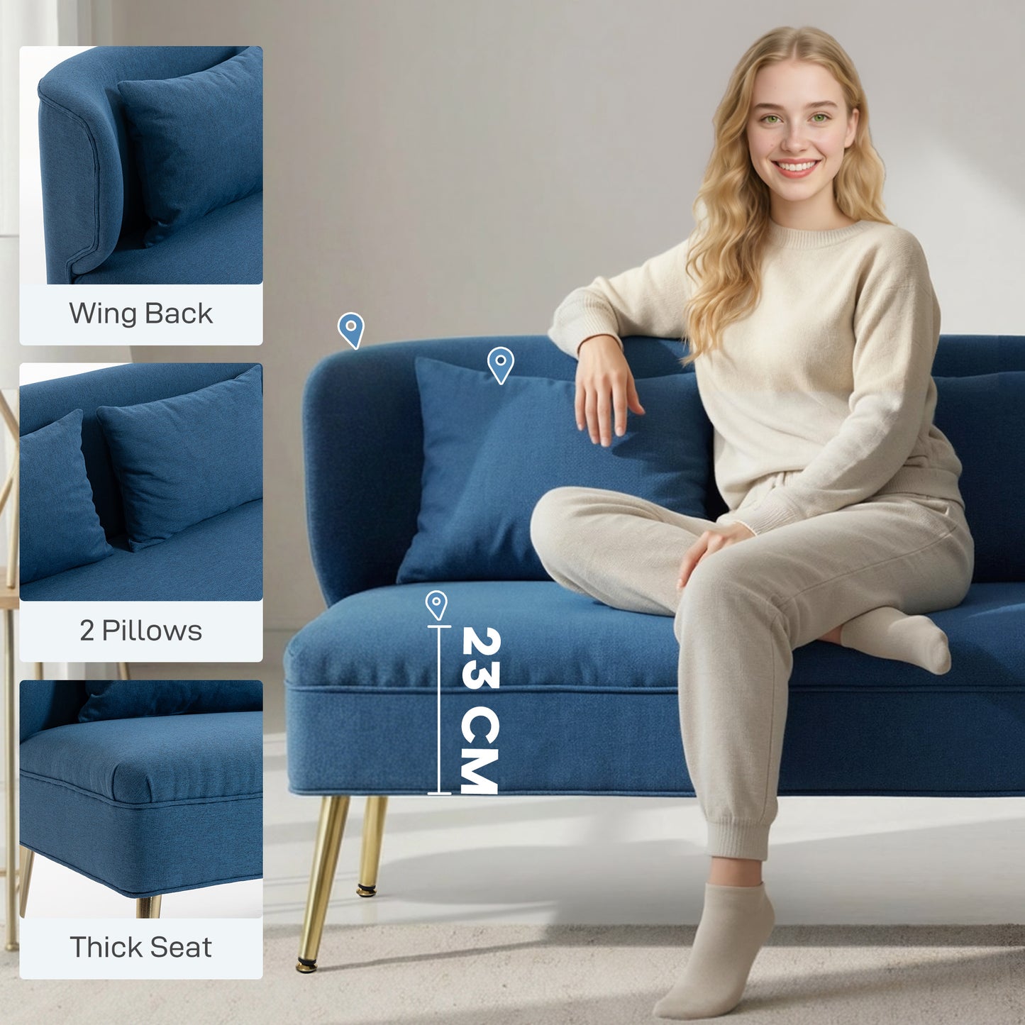 HOMCOM 2 Seater Sofa With Wing Back, Linen Look Fabric, Thick Cushioned Seat, Metal Legs, Dark Blue