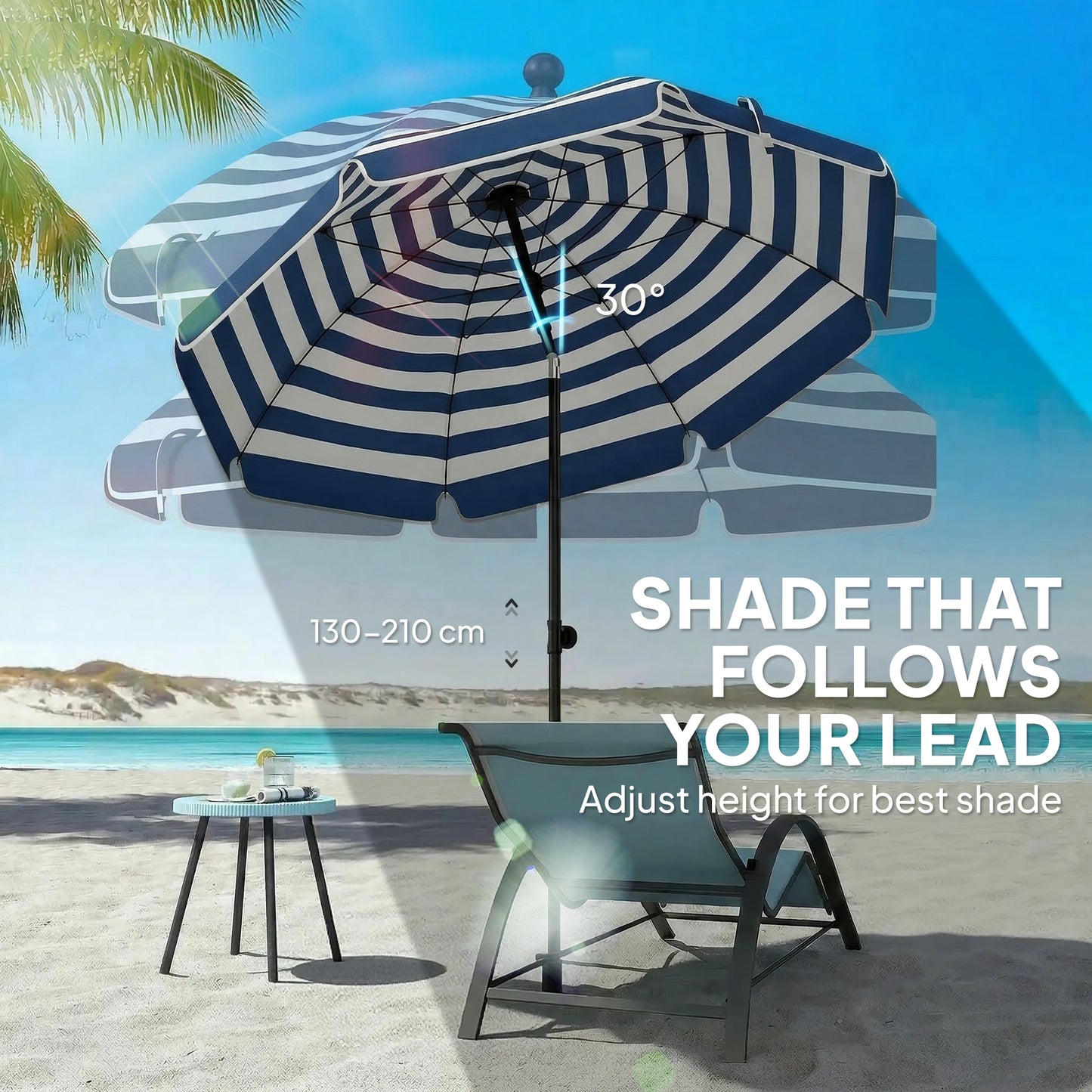 Outsunny 1.8 Meters Beach Umbrella With Sand Anchor Tilting 30 Degree Patio Sun Shade Adjustable Height Blue White