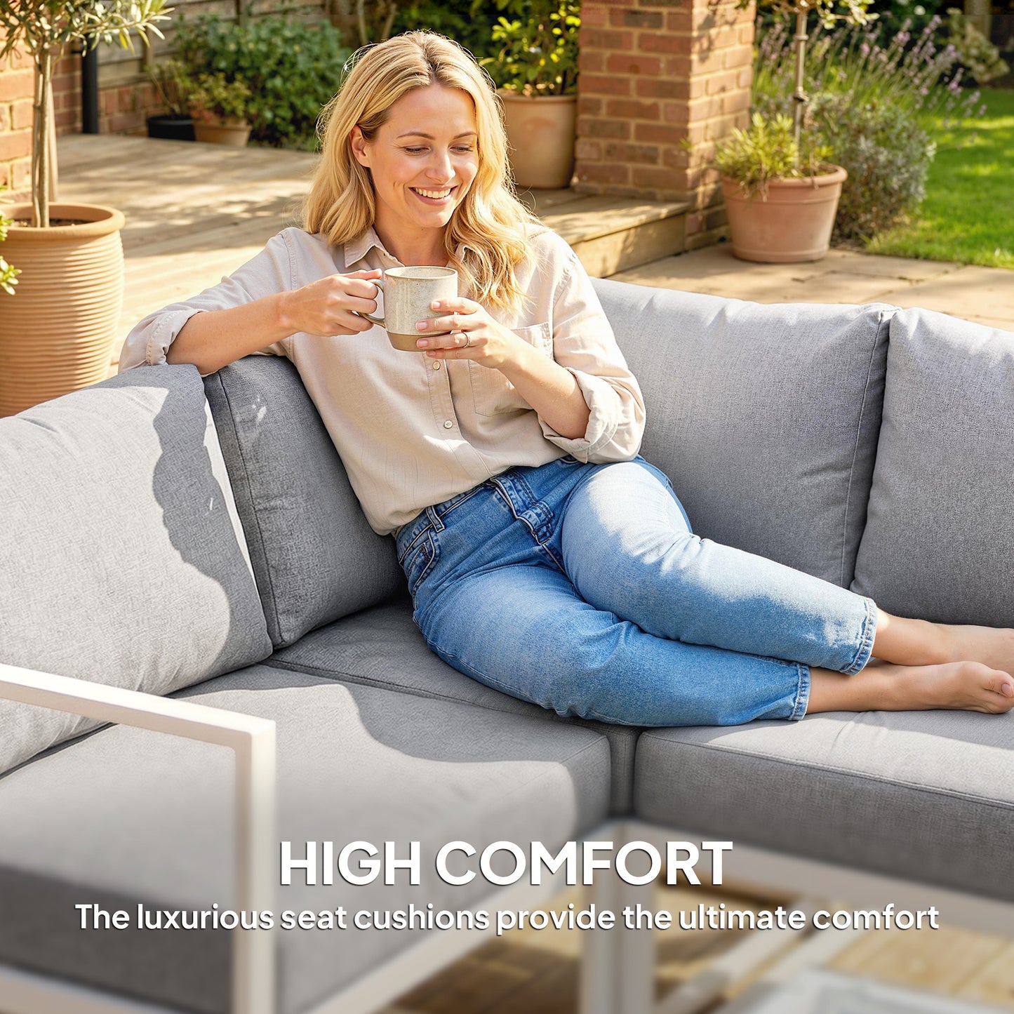 Outsunny 6 Seater Aluminium Garden Furniture Set With Thick Cushions For Patio And Balcony Outdoor Light Grey