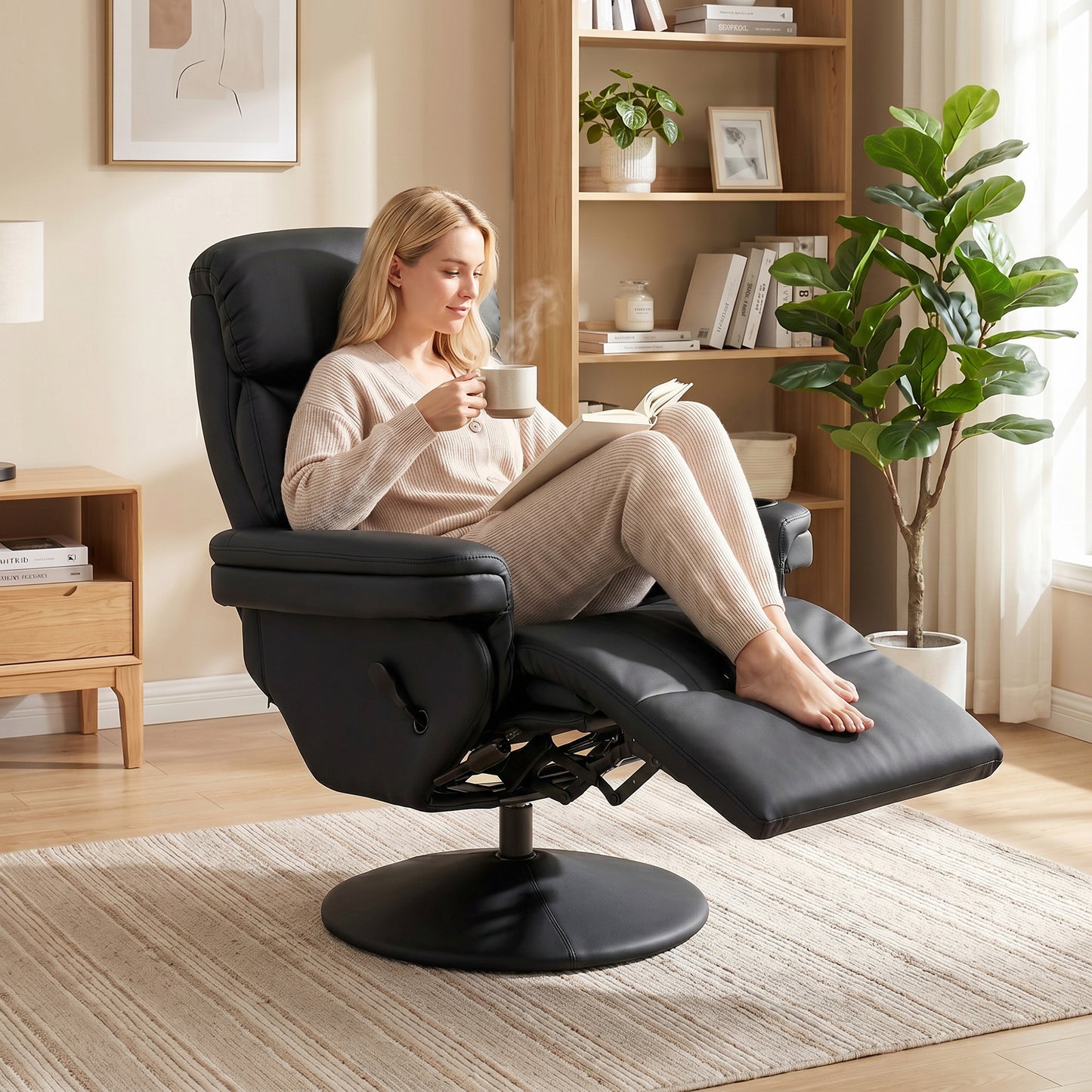 HOMCOM Upholstered Manual Recliner Armchair With Footrest And Adjustable Backrest PU Leather Black