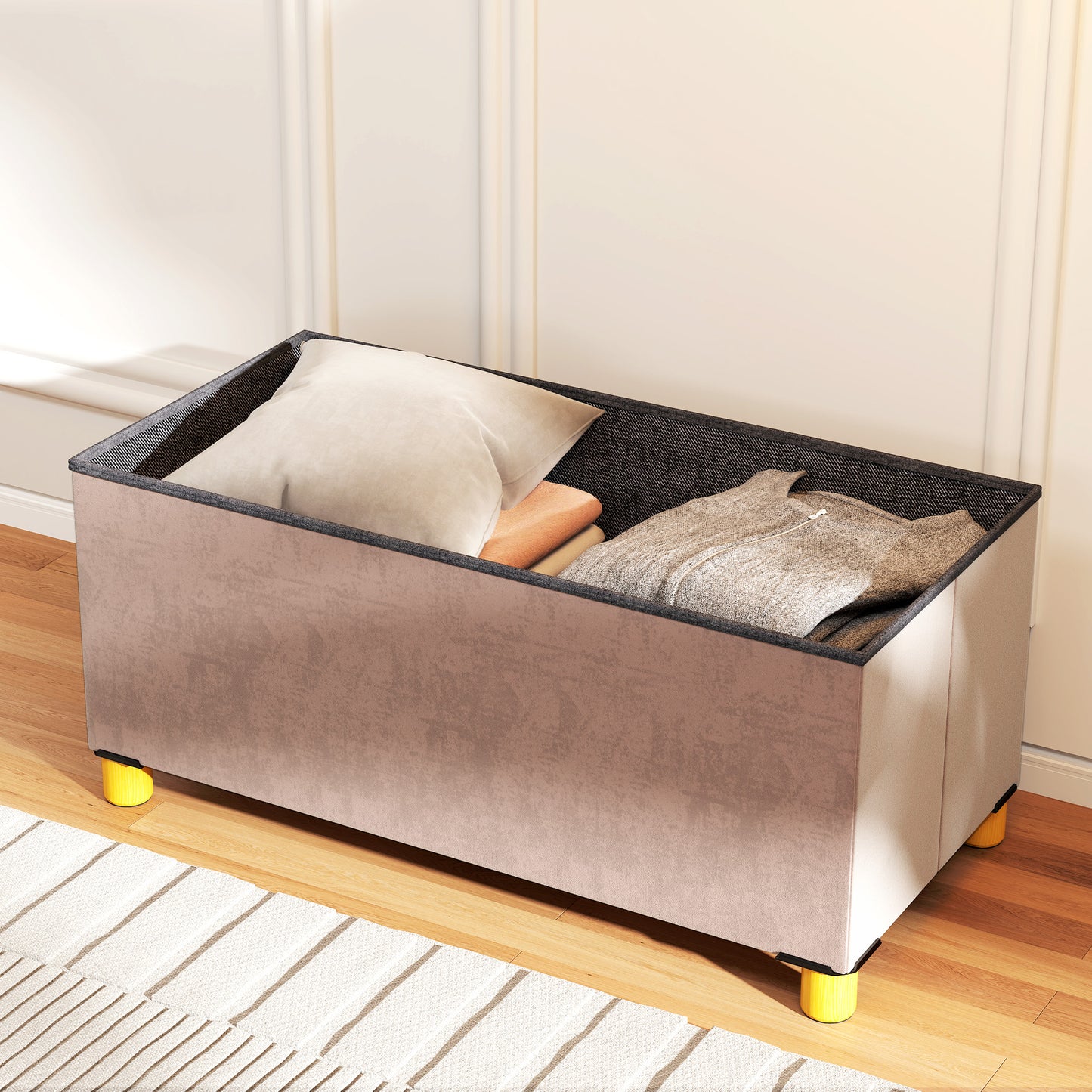 HOMCOM Velvet Upholstered Foldable Storage Ottoman Bench With Wood Legs Pink For Living Room Footrest And Seat
