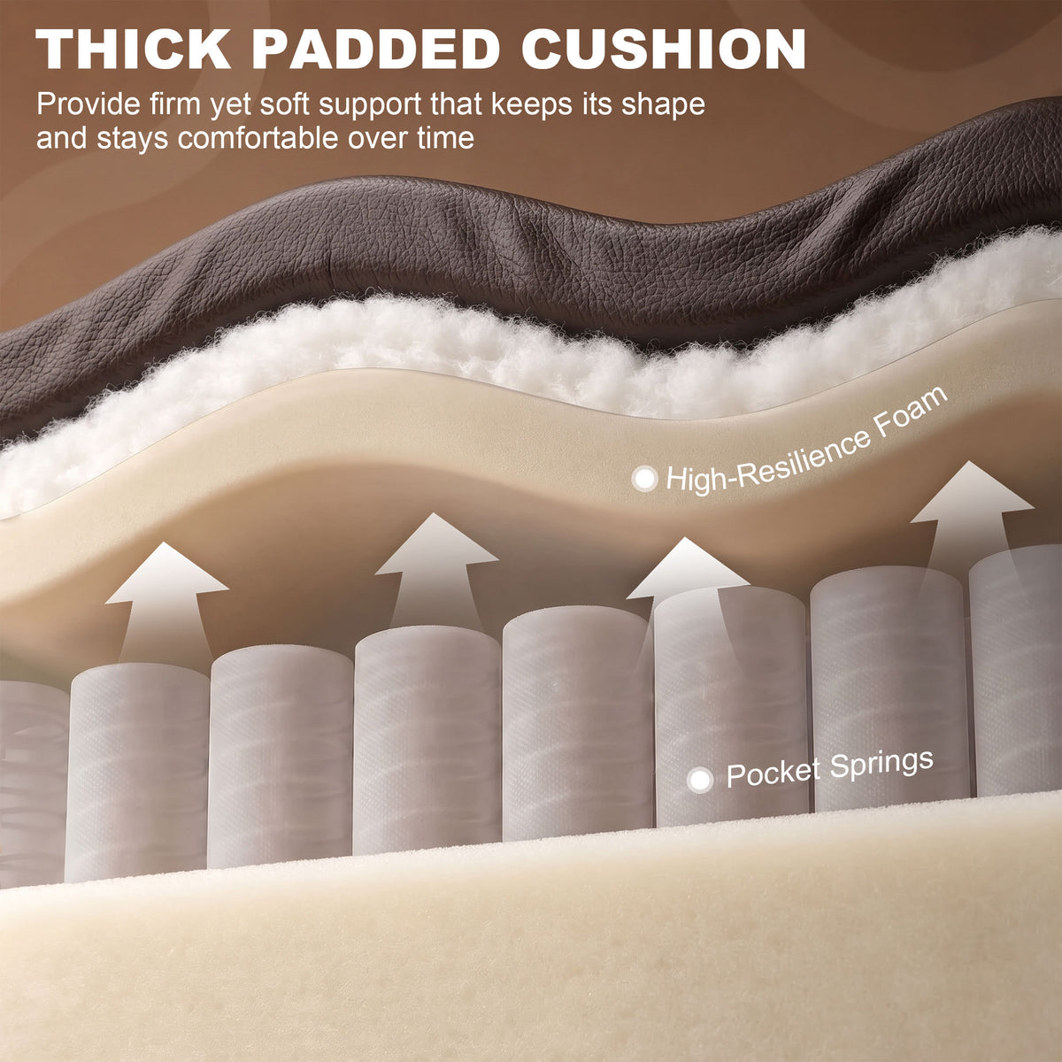 Thick cushioned recliner seat with high-resilience foam and spring support layers.