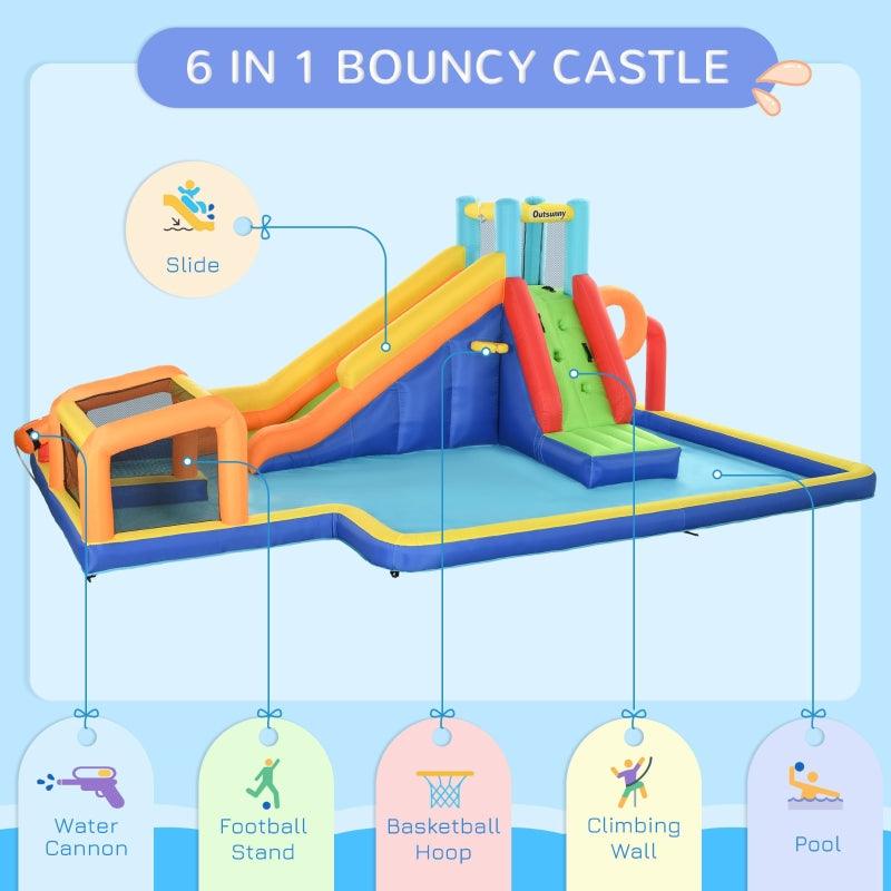 Outsunny Ultimate 6-in-1 Inflatable Play Center: Bouncy Castle with Slide, Pool, Climbing Wall, Water Cannon, Basketball Hoop, Football Stand - Perfect for Ages 3-8 Years! - ALL4U RETAILER LTD