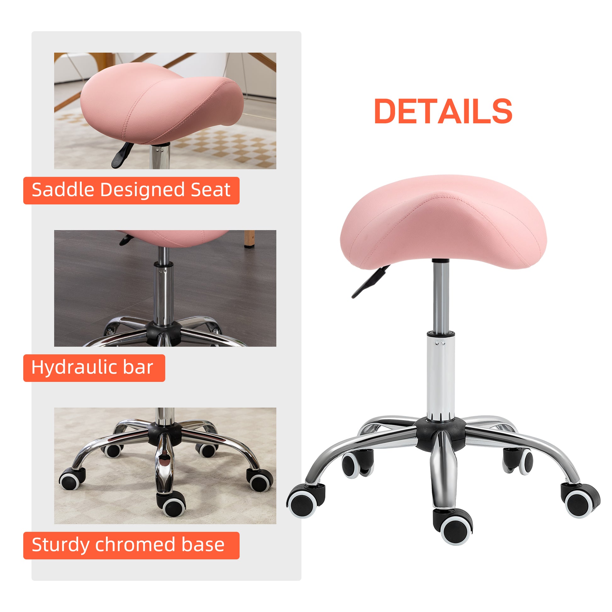 HOMCOM Adjustable Pink Faux Leather Saddle Stool for Salon and Spa Use - ALL4U RETAILER LTD