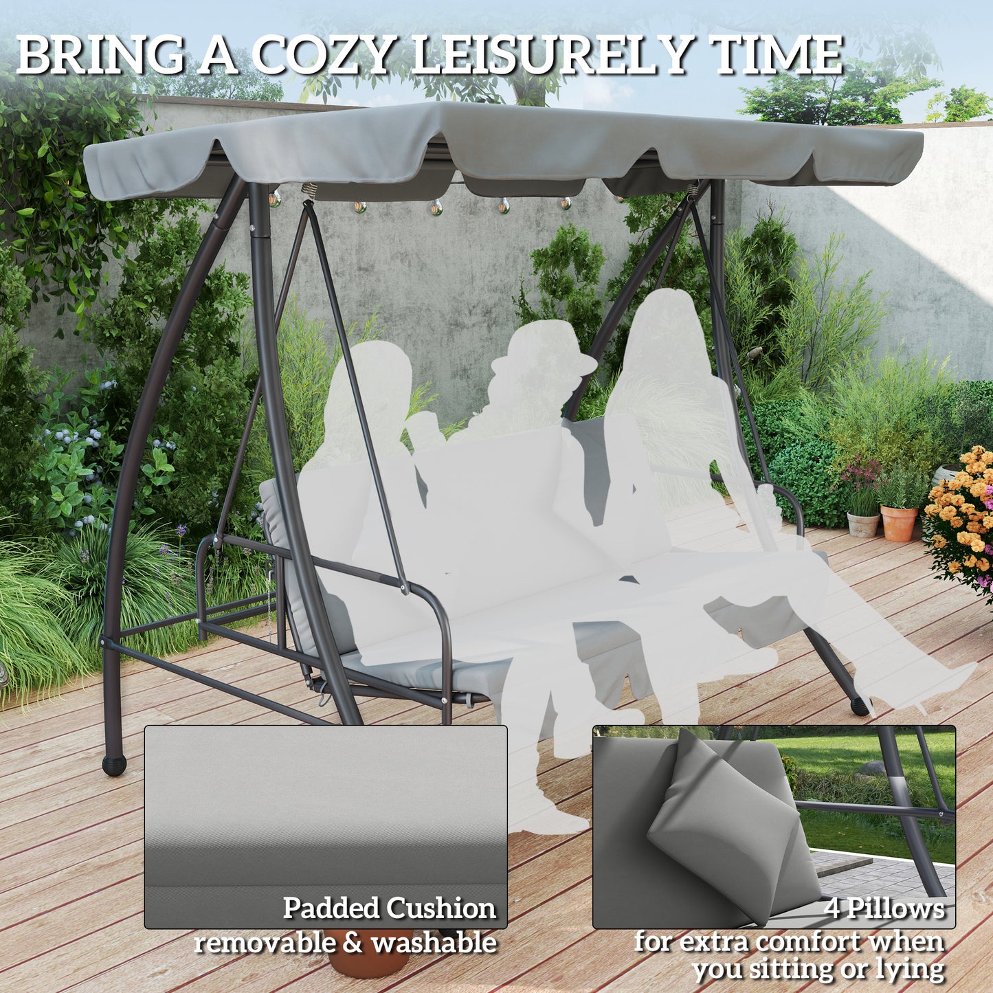 Outsunny 2 in 1 Outdoor Swing Chair Lounger for 3 Seater Garden Canopy Cushion Light Grey