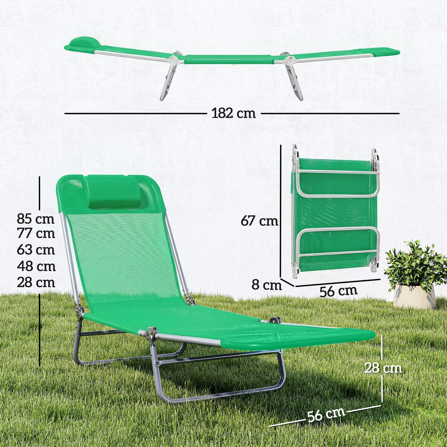 Outsunny Folding Sun Lounger With Steel Frame Reclining Backrest Soft Fabric Seat And Pillow Dark Green