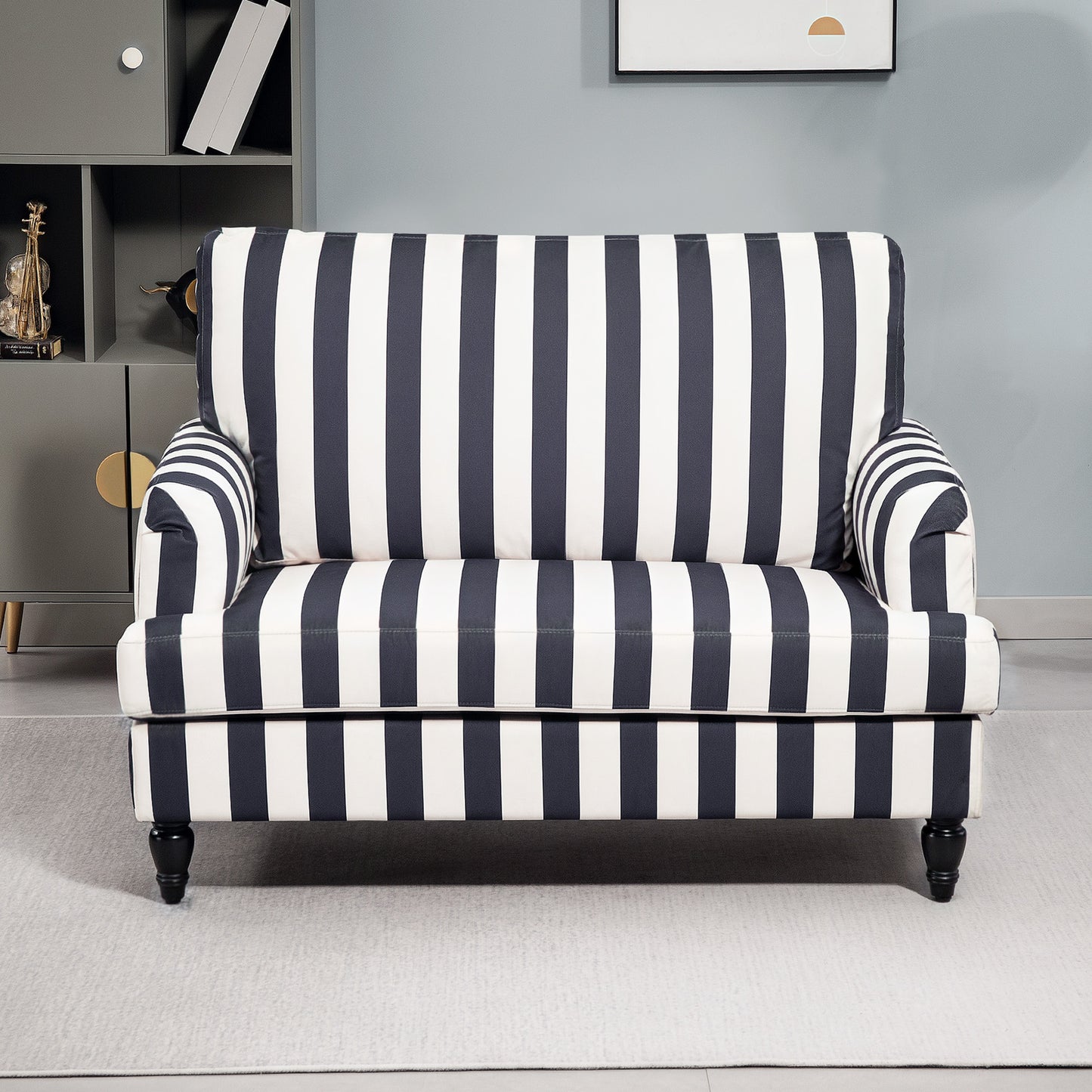 HOMCOM Modern Velvet Cuddle Chair With Stripe Armchair Turned Legs Wide Seat For Living Room And Bedroom Black And White