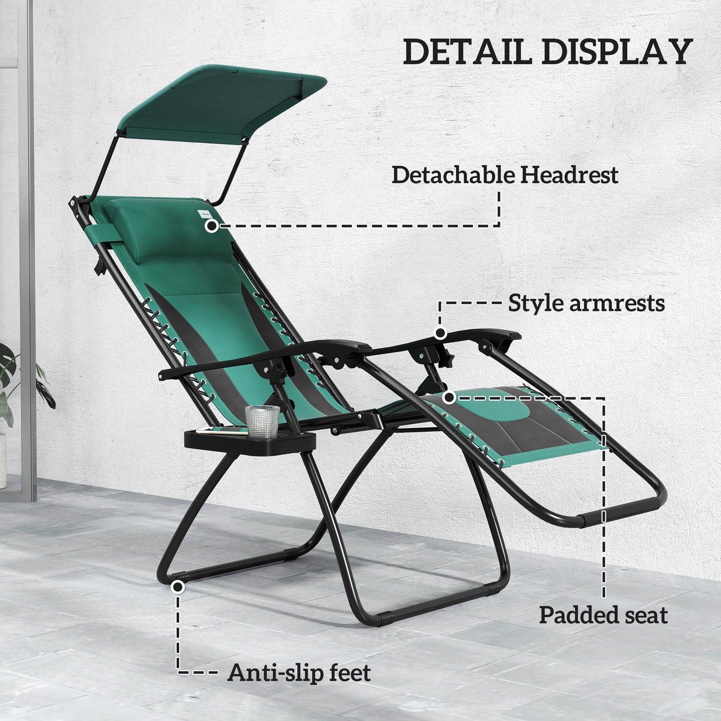 Outsunny Zero Gravity Lounger Set Of 2 Folding Patio Chairs With Shade Cover Padded Seats Cup Holder For Camping Green