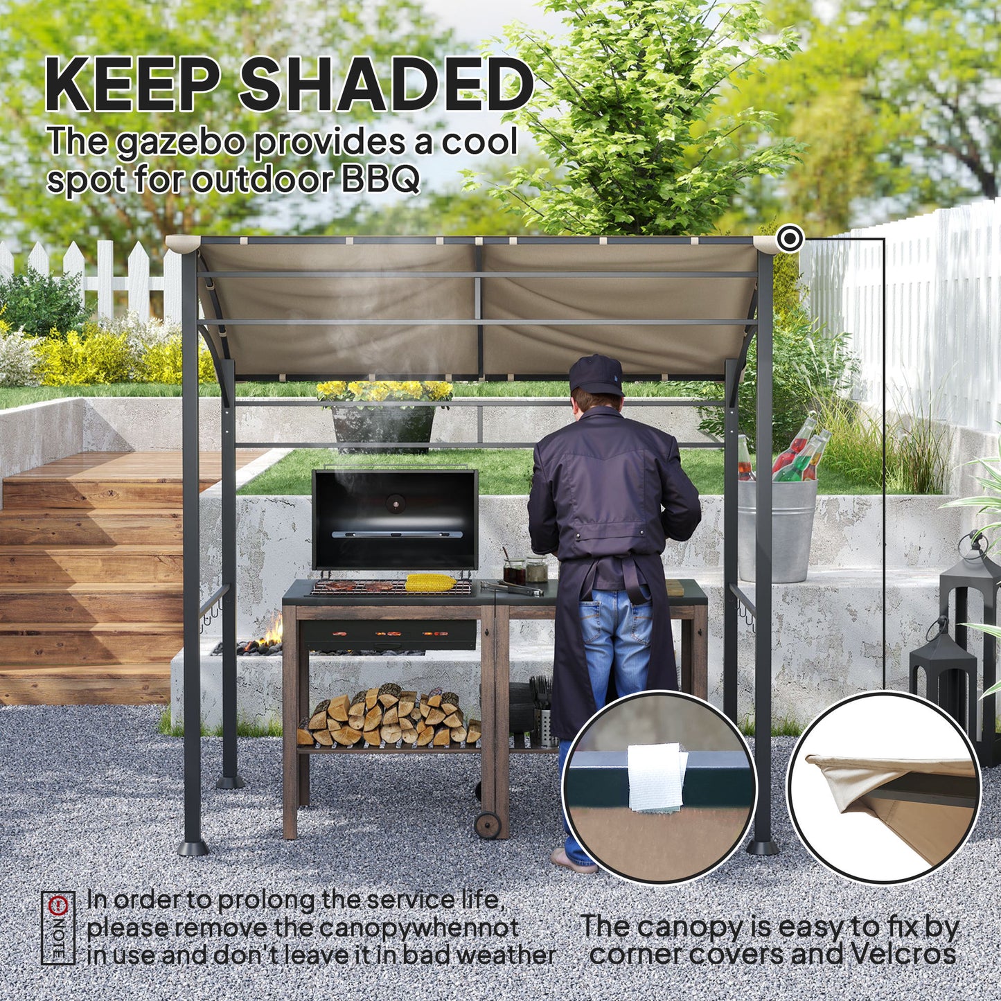 Outsunny 2.2m X 1.5m BBQ Gazebo Tent With Metal Frame Curved Canopy And 10 Hooks Outdoor Shade Khaki