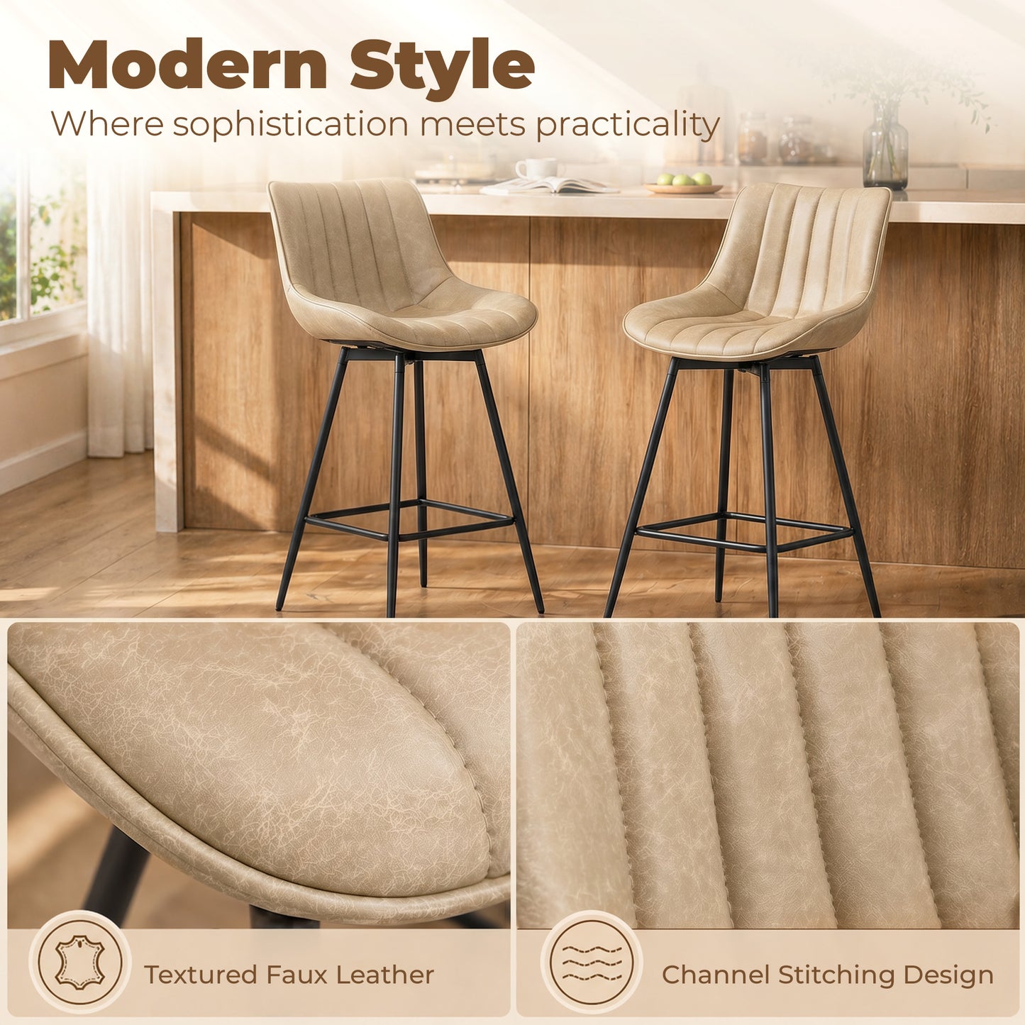 HOMCOM Set Of 2 PU Leather Swivel Bar Stools Light Brown 360 Degree Swivel For Kitchen Island