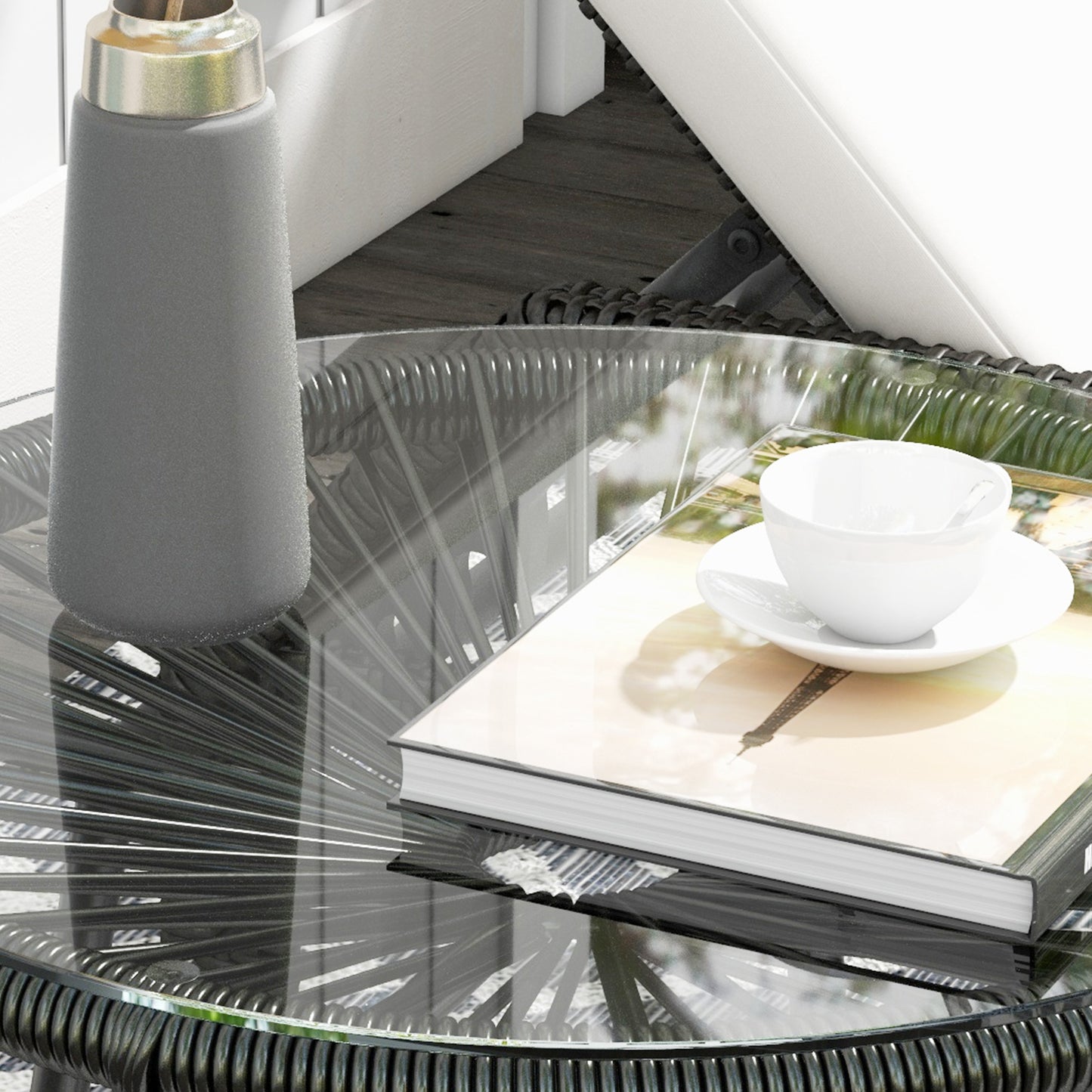 Outsunny Rattan Side Table Round Coffee Table With PE Rattan And Tempered Glass Top For Patio Garden Balcony Black