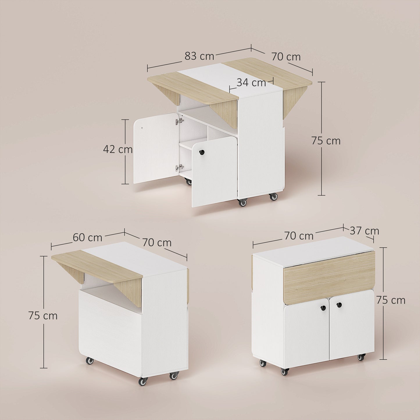 HOMCOM Folding Dining Table With Rolling Drop Leaf Hidden Shelf And Cabinet For Small Spaces White