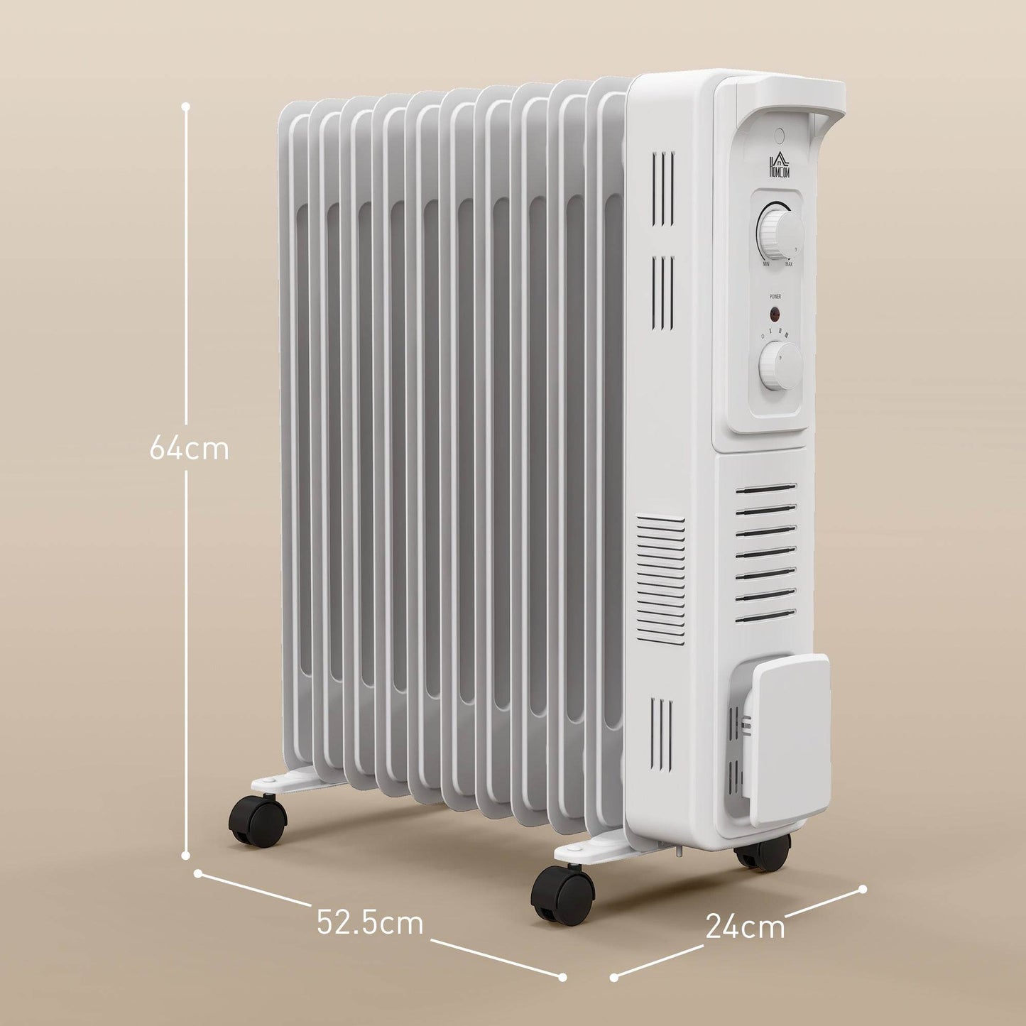 HOMCOM 2.5kW 11-Fin Oil Heater with Adjustable Thermostat - White - ALL4U RETAILER LTD