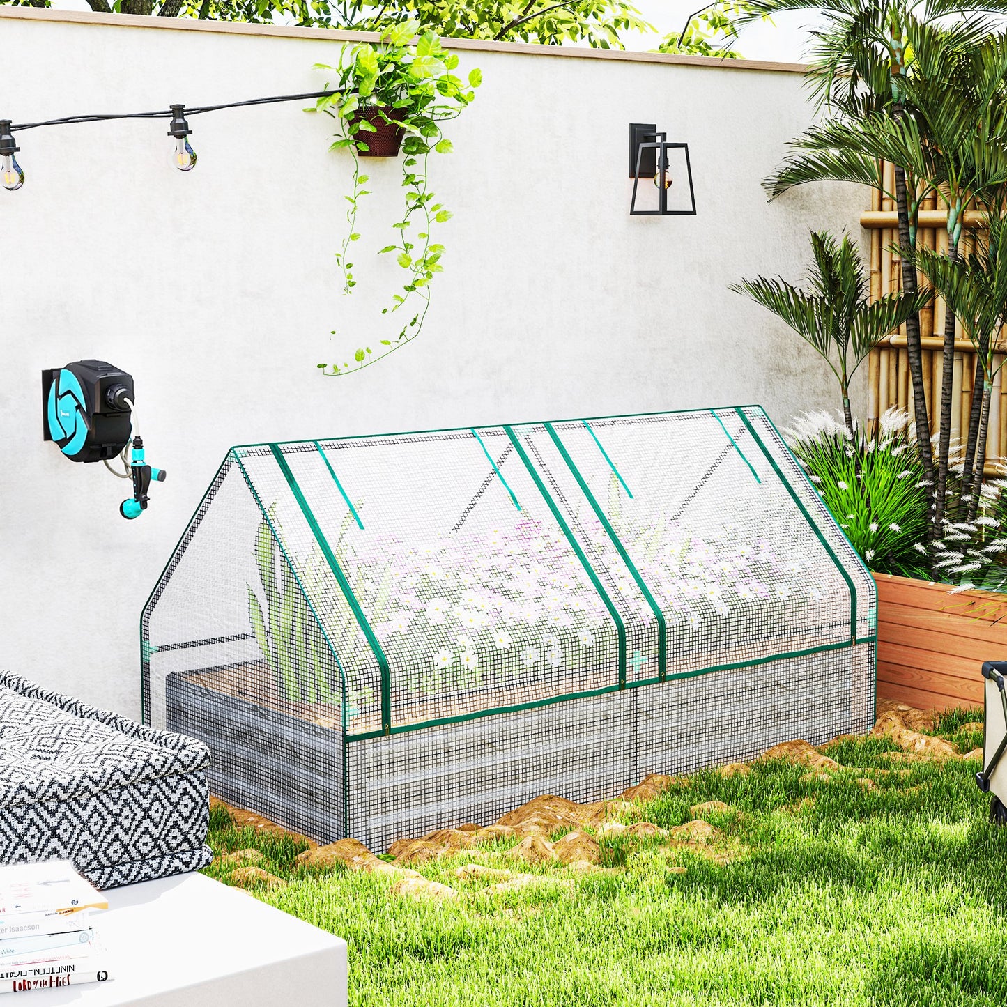 Outsunny Metal Planter Box With Cover Raised Garden Bed And Greenhouse For Herbs And Vegetables White And Dark Grey