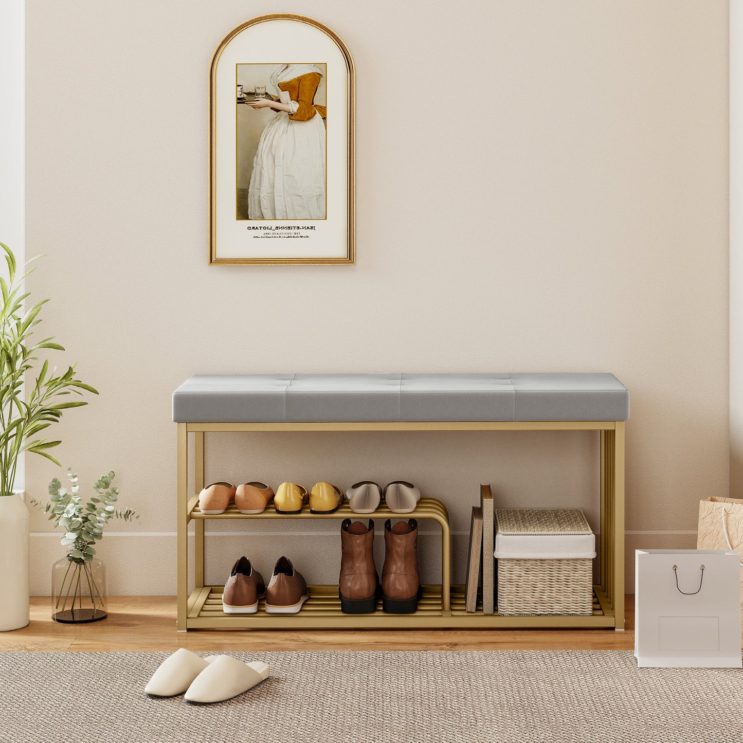 HOMCOM Tufted Velvet Seat Shoe Storage Bench With Gold Steel Frame And Double Tier Storage For Entryway Grey