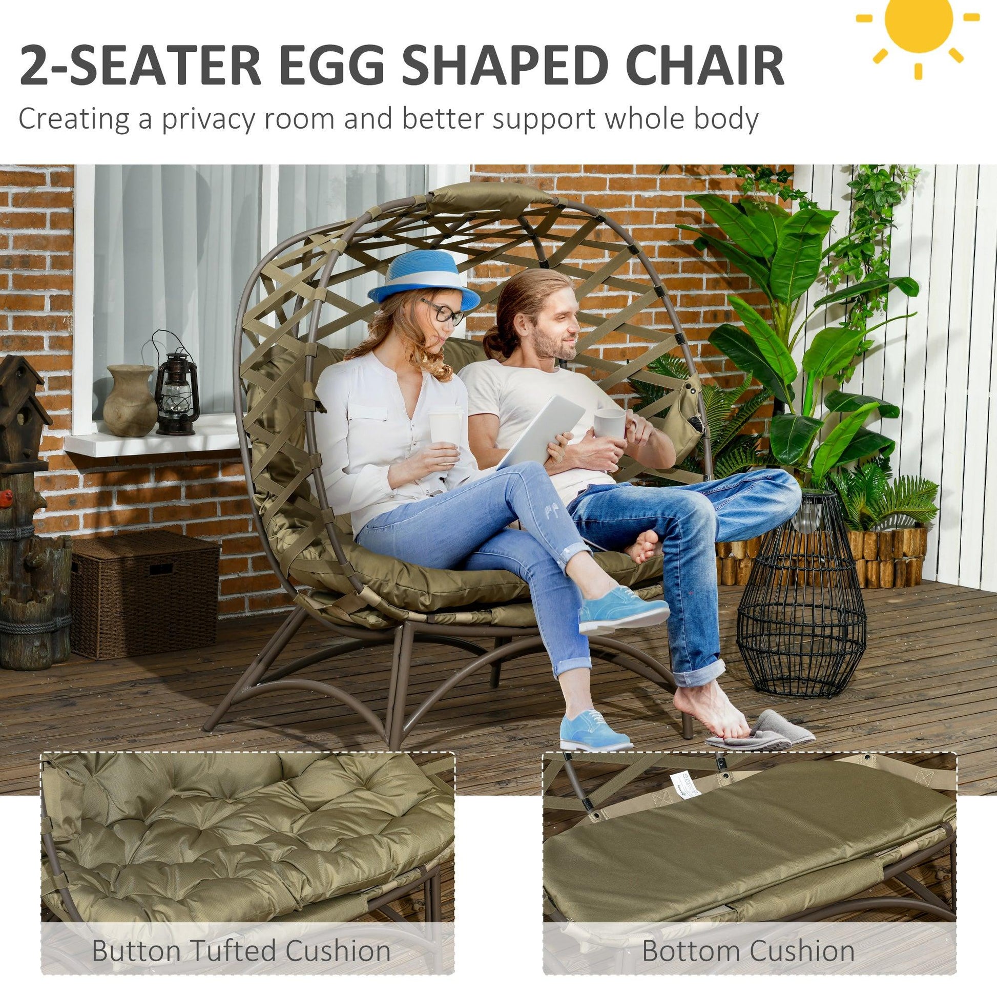 Outsunny 2 Seater Egg Chair Outdoor, Folding Weave Garden Furniture Chair with Cushion, Cup Pockets - Khaki - ALL4U RETAILER LTD