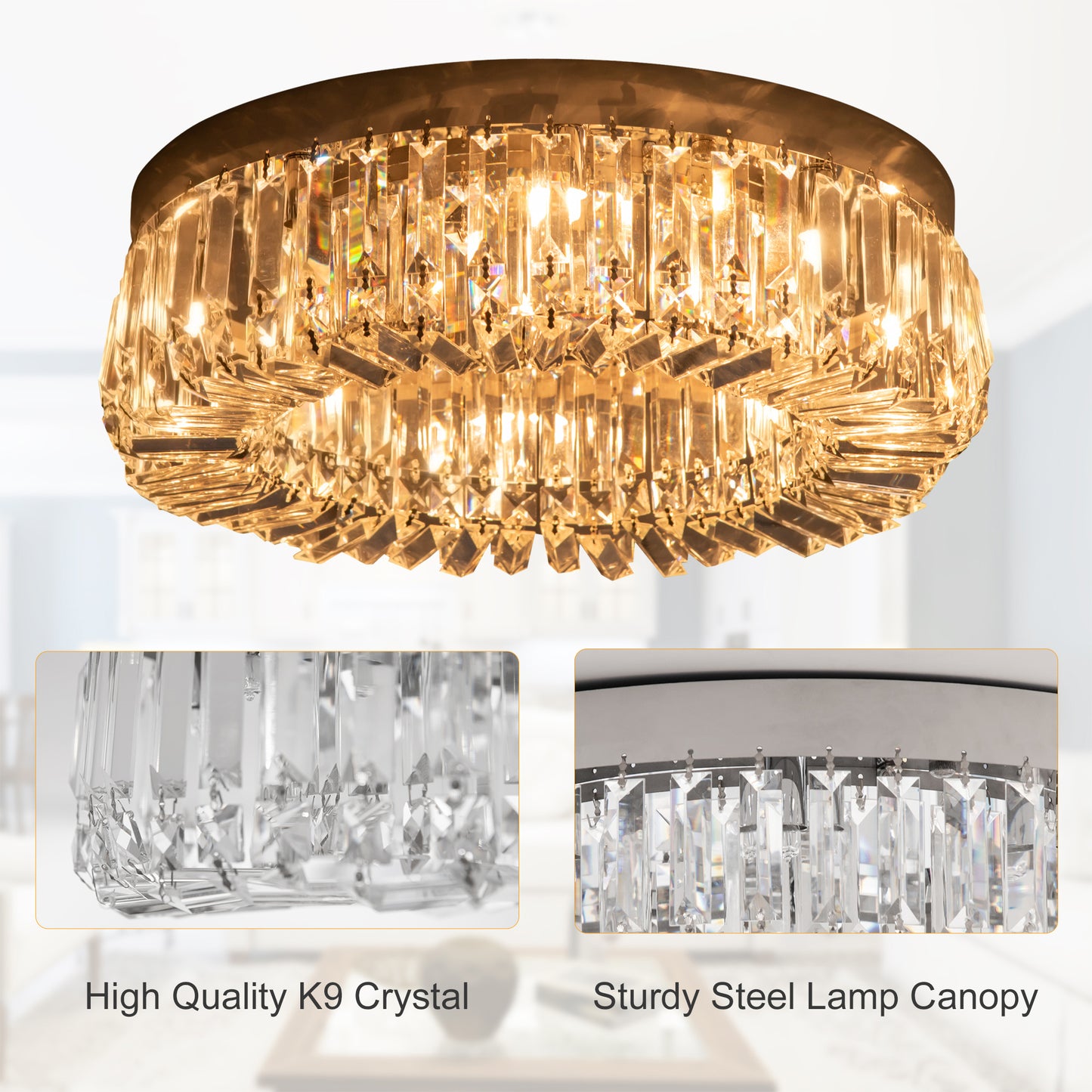 HOMCOM Crystal Ceiling Lights Set 2 Modern Flush Chandeliers Stainless Steel Base Pendant Lights Living Room Dining Room