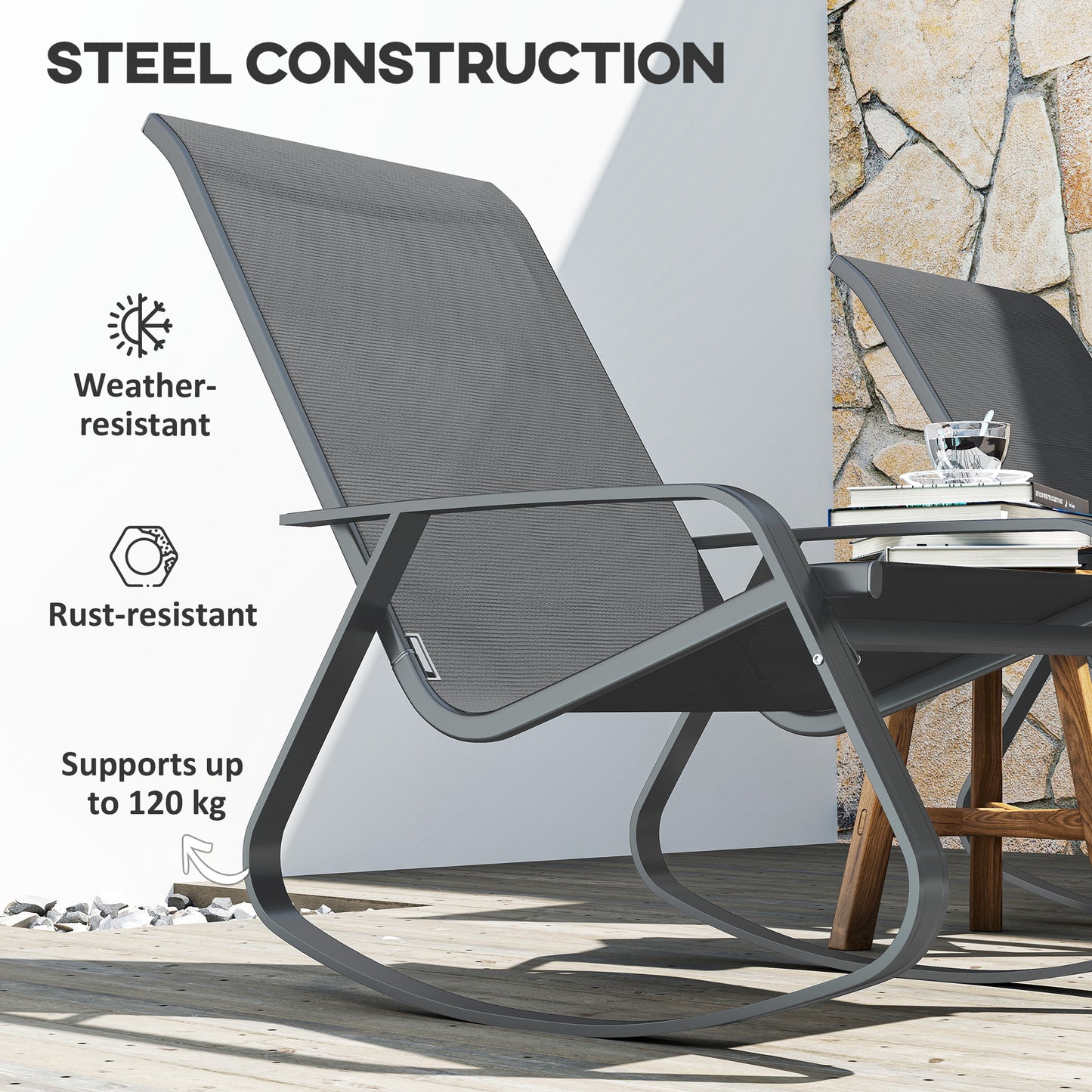 Outsunny Grey Rocking Garden Chair With Texteline Seat 110 To 150 Degree Motion