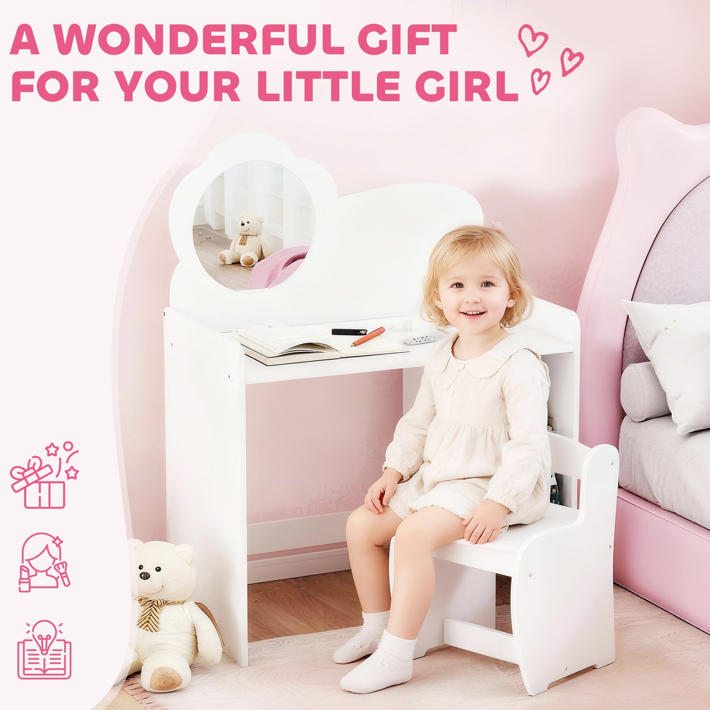 AIYAPLAY Kids Dressing Table With Mirror And Stool Vanity Table With Shelves For Ages 3 To 8 White