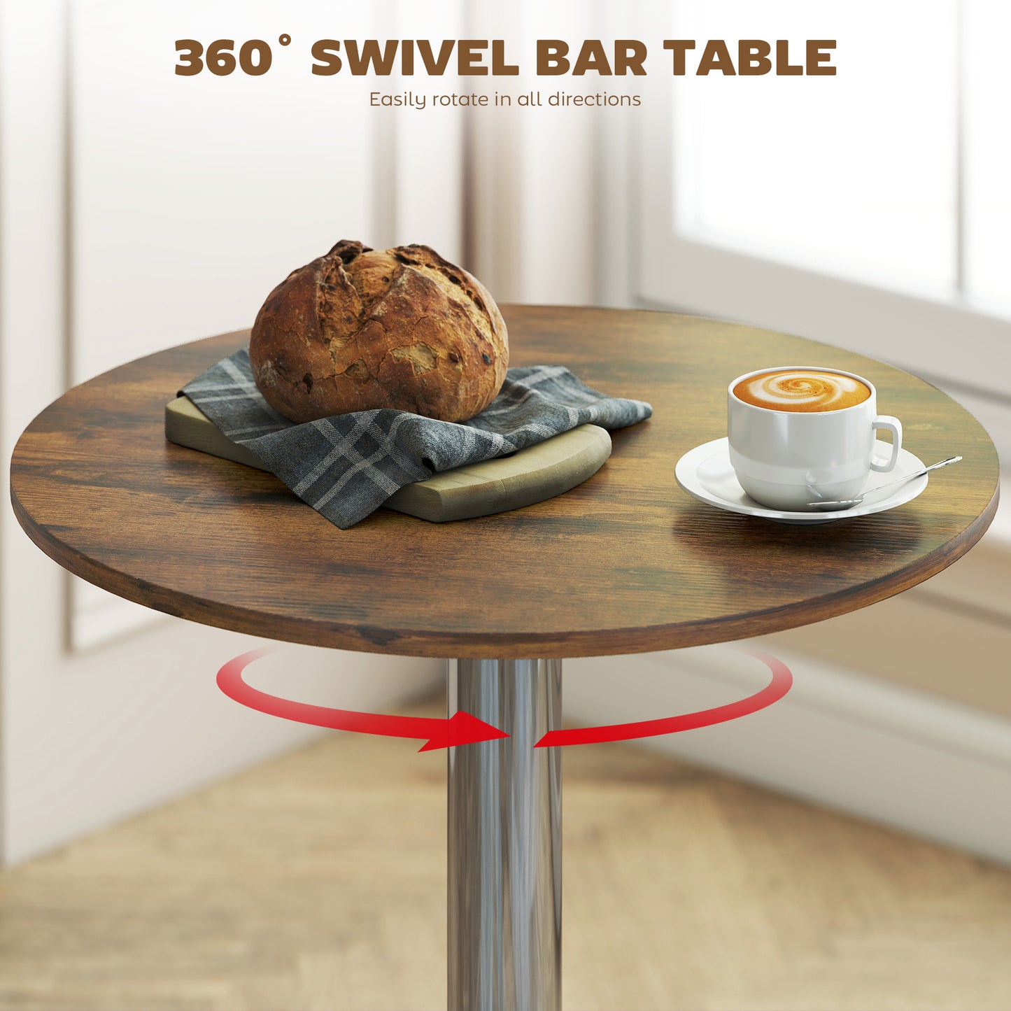 HOMCOM Round Bar Table With 360 Degree Swivel And Adjustable Height For Kitchen Cafe Rustic Brown