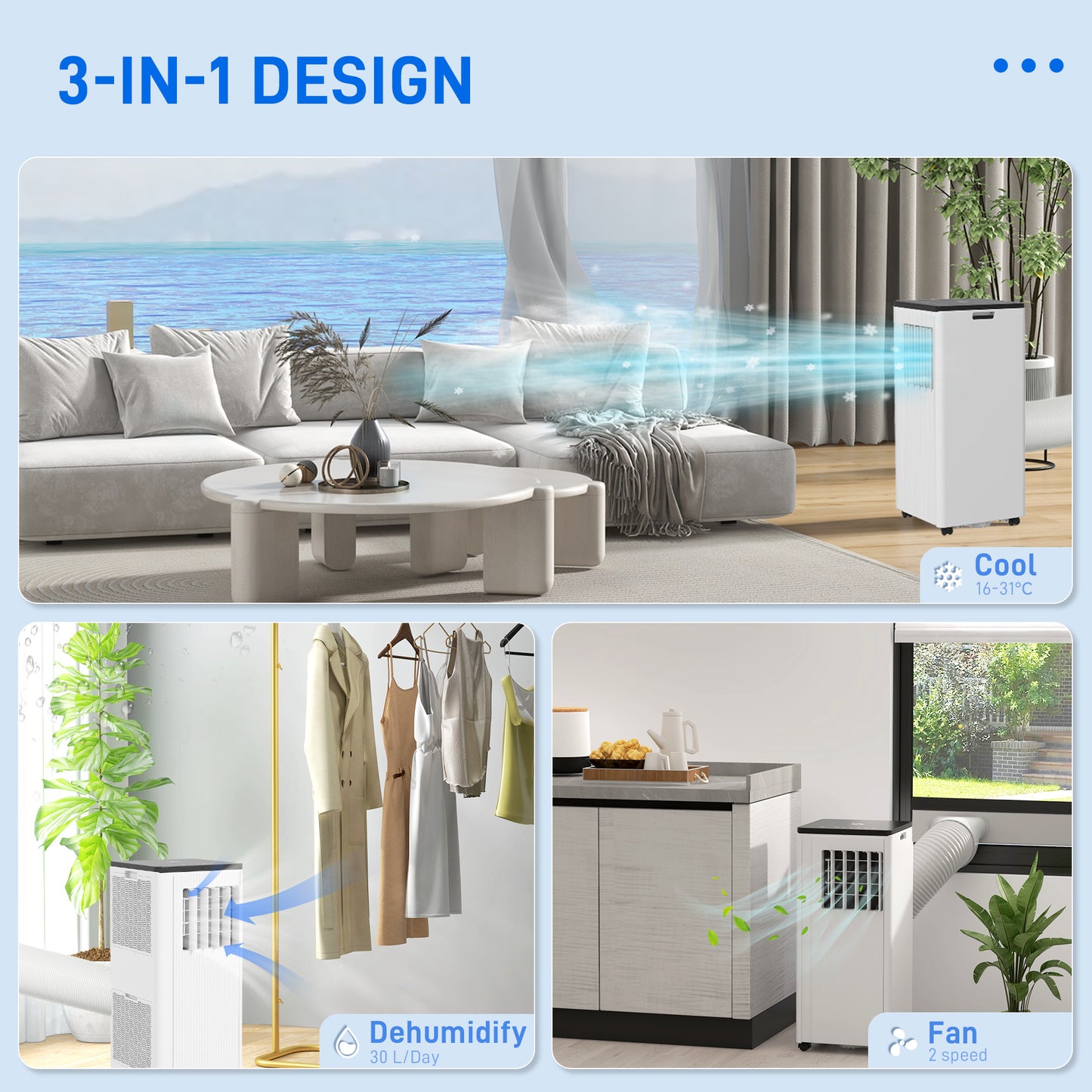 HOMCOM 3-in-1 Smart WiFi Portable Air Conditioner - 7000 BTU for Rooms Up to 15m², Includes Dehumidifier & Fan Functions, 24-Hour Timer, White - ALL4U RETAILER LTD