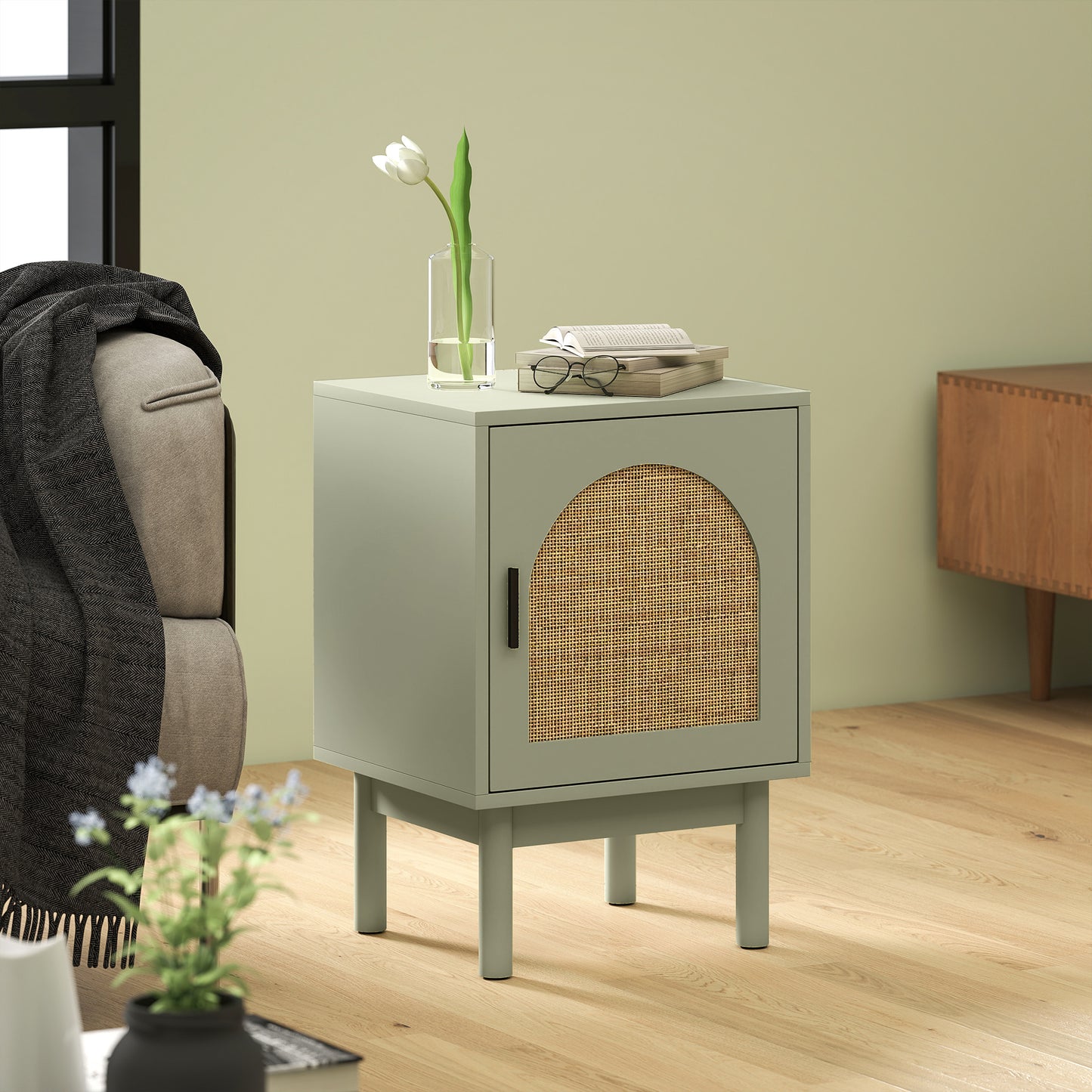 HOMCOM Rattan Bedside Table With Arch Door In Light Green Two Tier Design With Adjustable Shelves And Non Slip Wood Legs