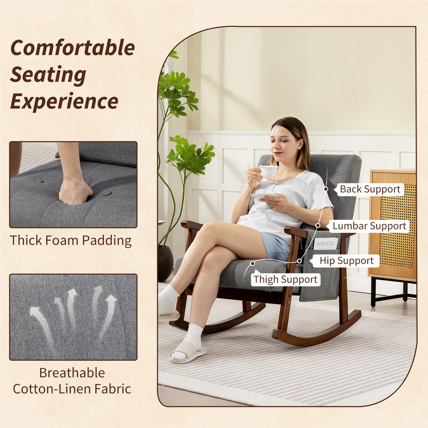 HOMCOM Wood Frame Rocking Armchair Grey With Padded Seat And Back For Cozy Lounging
