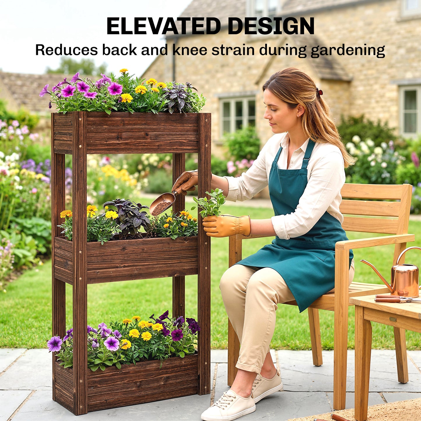 Outsunny Three Tier Wooden Raised Planter Legs Drainage Holes Bed Liner Elevated Garden Bed