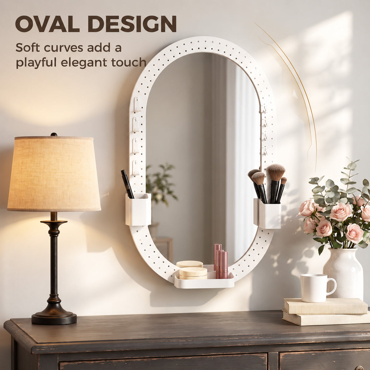 White oval mirror with perforated pegboard frame and side accessory holders