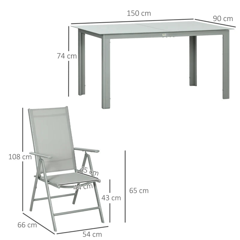 Outsunny 7-Piece Garden Dining Set - Outdoor Table and 6 Folding Reclining Chairs with Aluminium Frame, Tempered Glass Top Table, Texteline Seats - Grey | Stylish Patio Furniture Ensemble - ALL4U RETAILER LTD