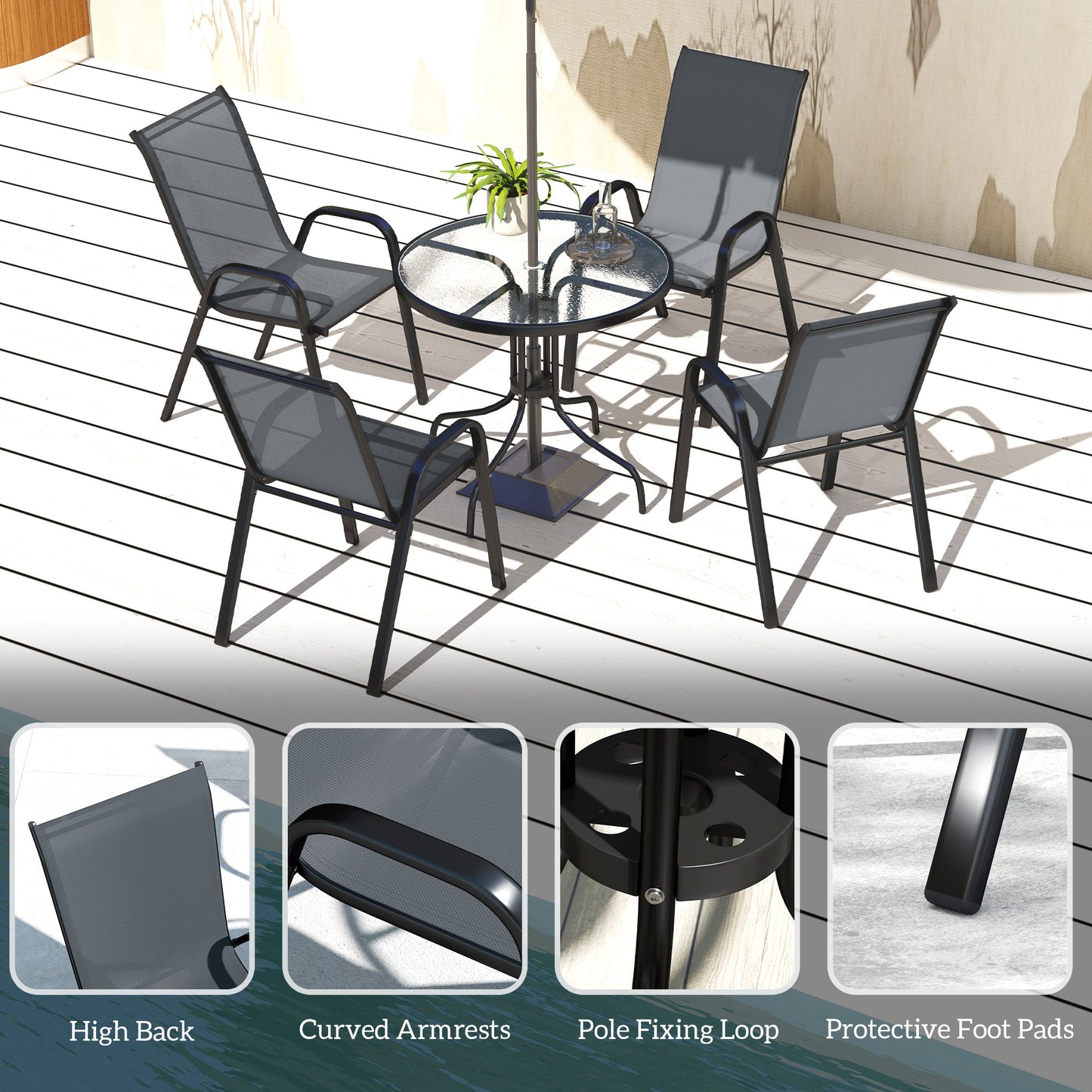 Outsunny Five-Piece Outdoor Steel Patio Set With Round Glass-Top Table And Four Stackable Chairs In Dark Grey