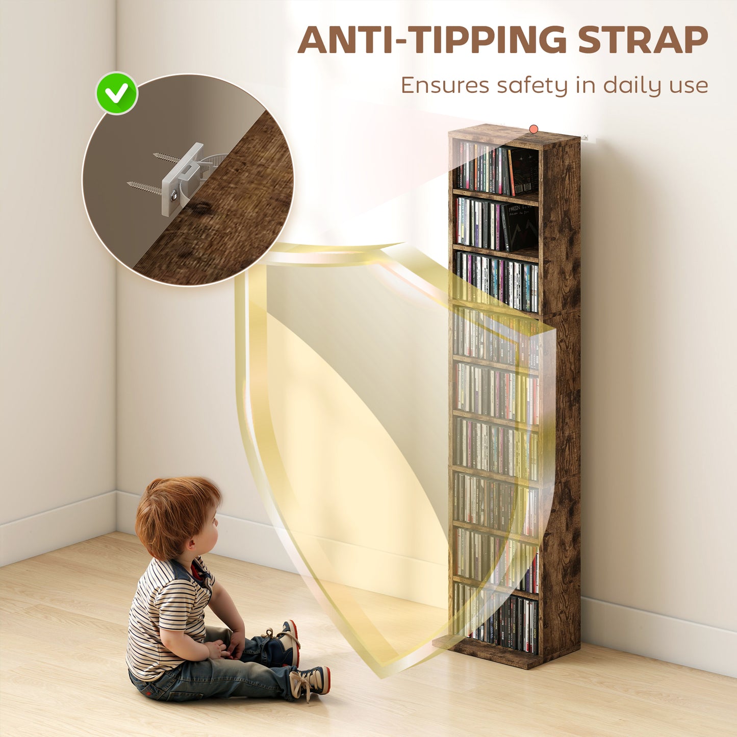 HOMCOM 260 Narrow CD Storage Unit Rustic Brown With Six Adjustable Shelves Holds Up To 260 CDs Or 120 DVDs Anti Tip