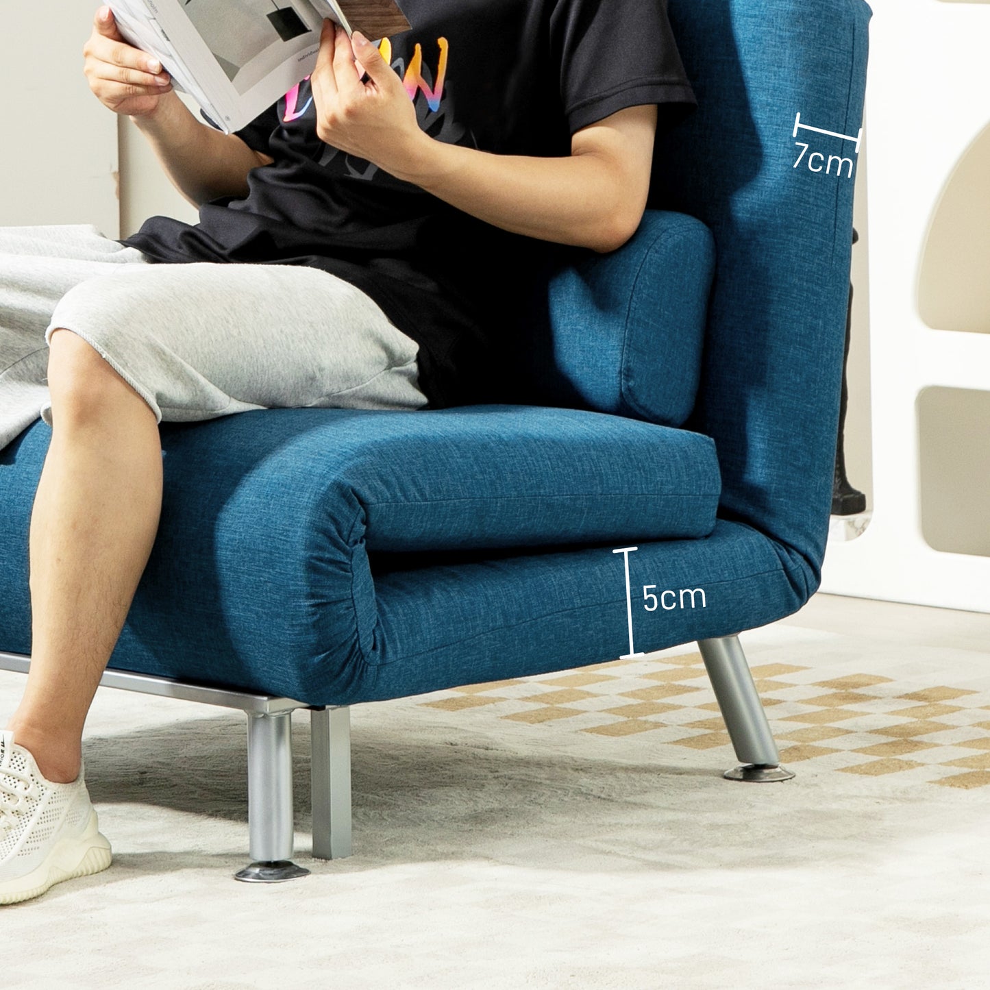 Homcom Linen Look Sleeper Chair Blue 3 In 1 Convertible Chair With 5 Level Adjustable Backrest For Space Saving