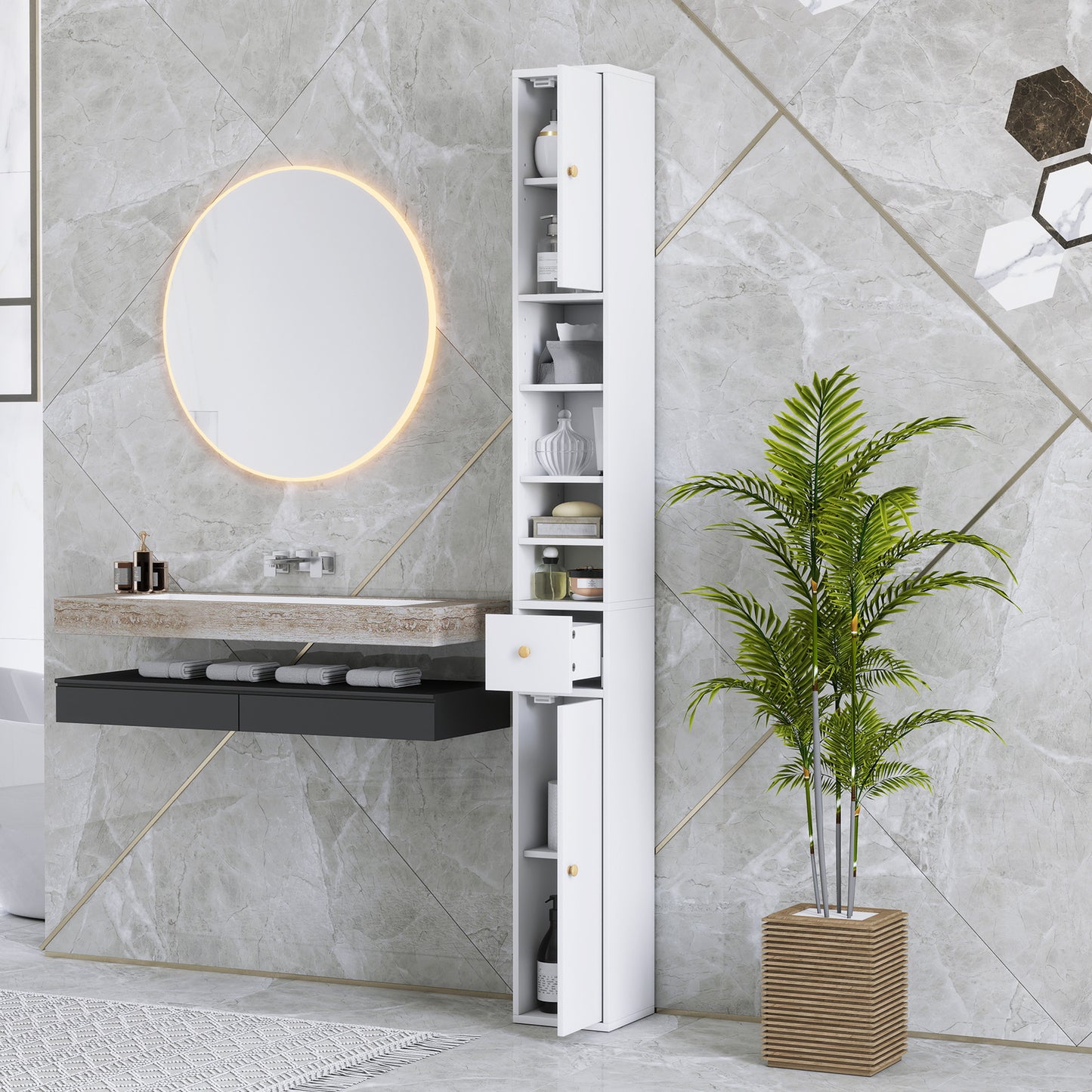 HOMCOM 178 cm Narrow Tall White Bathroom Cabinet With Two Closed Cabinets Four Open Compartments Adjustable Shelves
