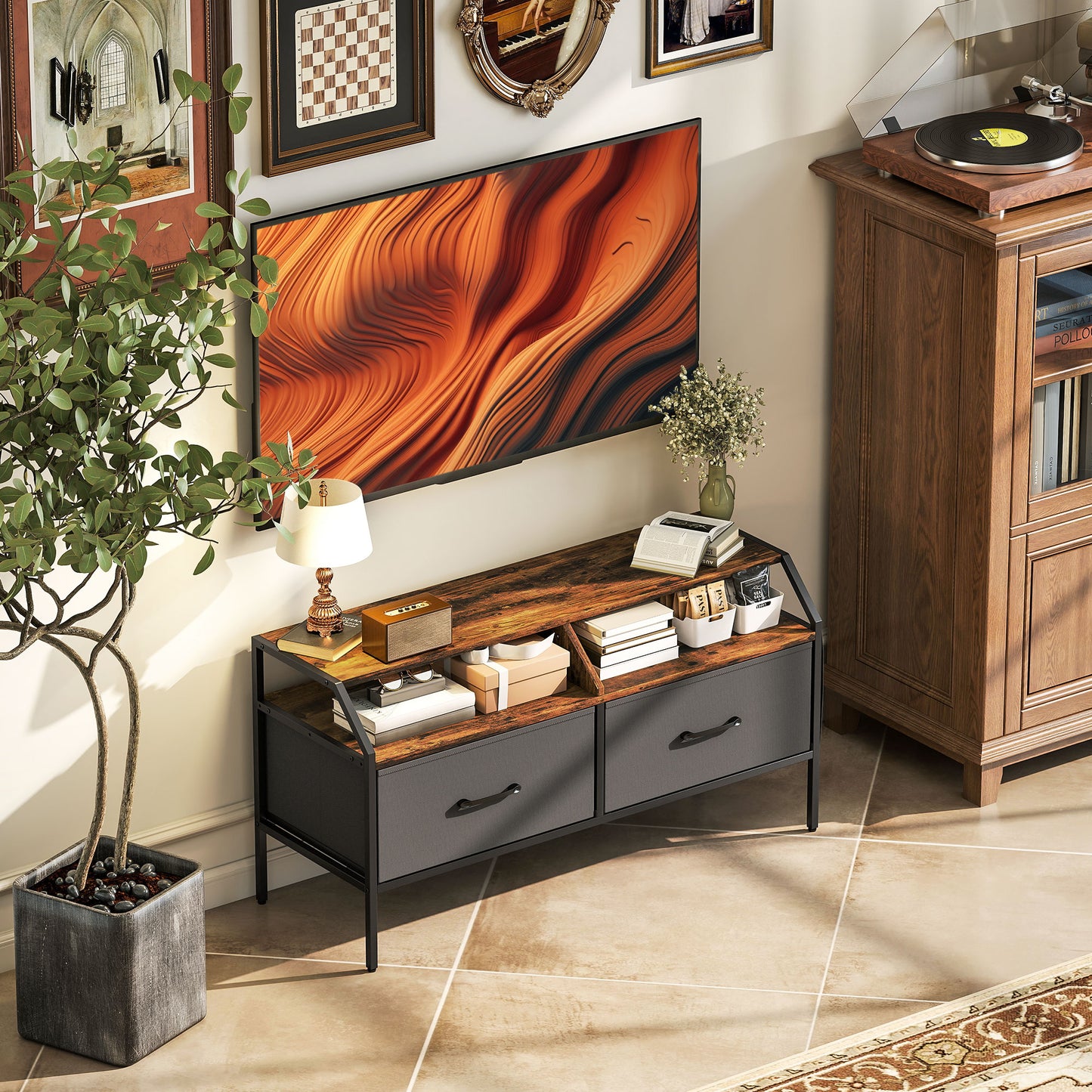 HOMCOM Industrial Style TV Stand Cabinet Brown For 55 Inch TV With Two Drawers Shelves And Side Pockets
