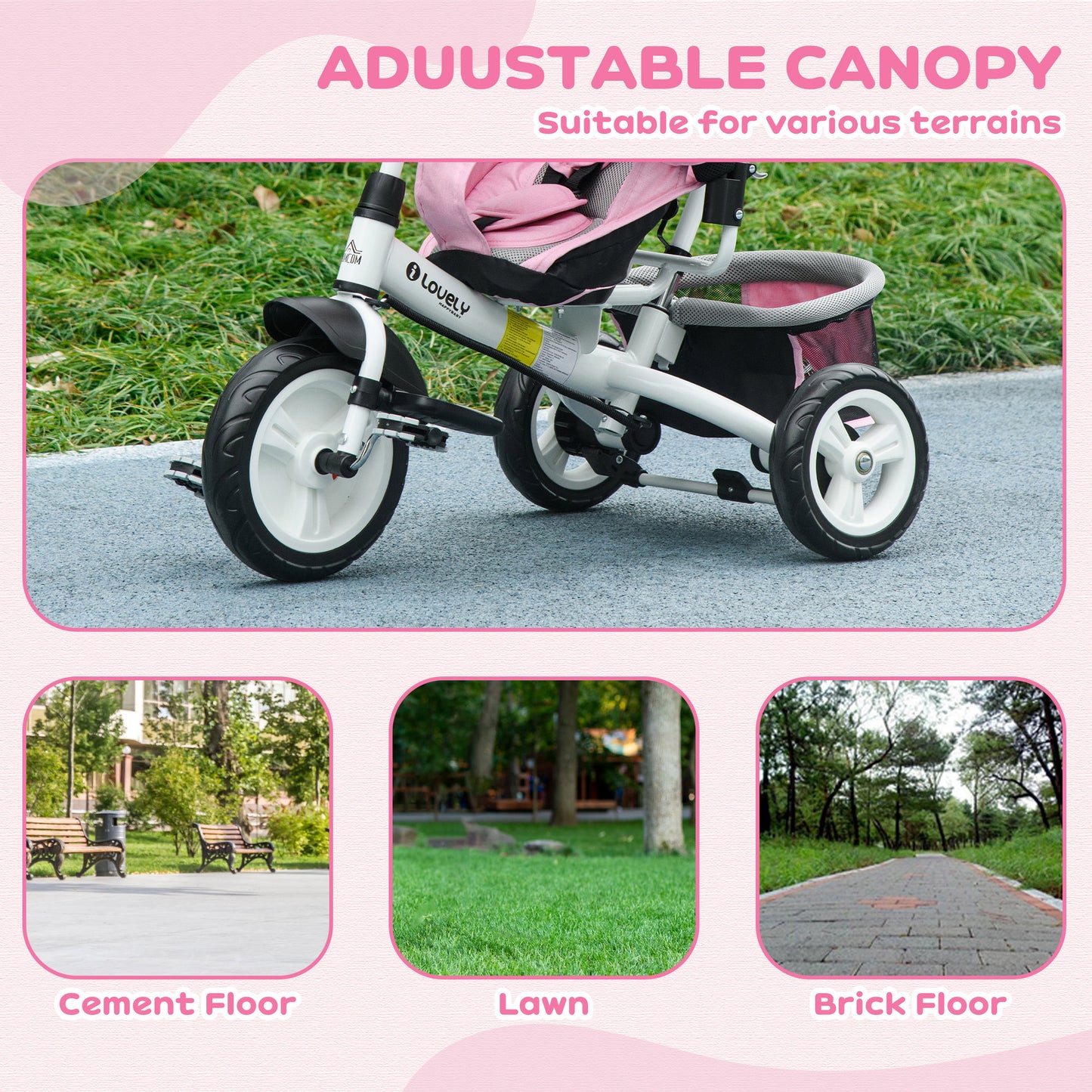 HOMCOM Transformable 4-in-1 Kids Trike with Canopy, Push Handle, and Safety Features - Pink - ALL4U RETAILER LTD