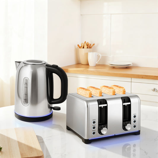 HOMCOM Kettle And Toaster Set 1.7L 3000W Rapid Boil Kettle With Limescale Filter 7 Browning Controls LED Strip Silver