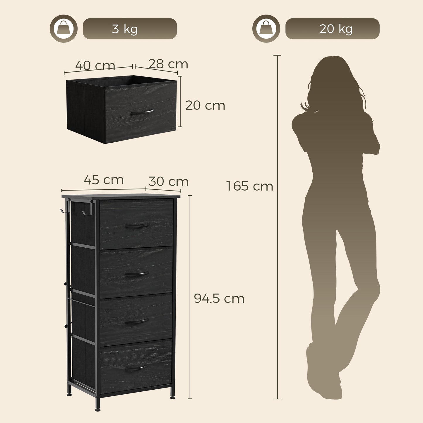 Homcom 4 Drawer Fabric Dresser With Steel Frame And Hooks