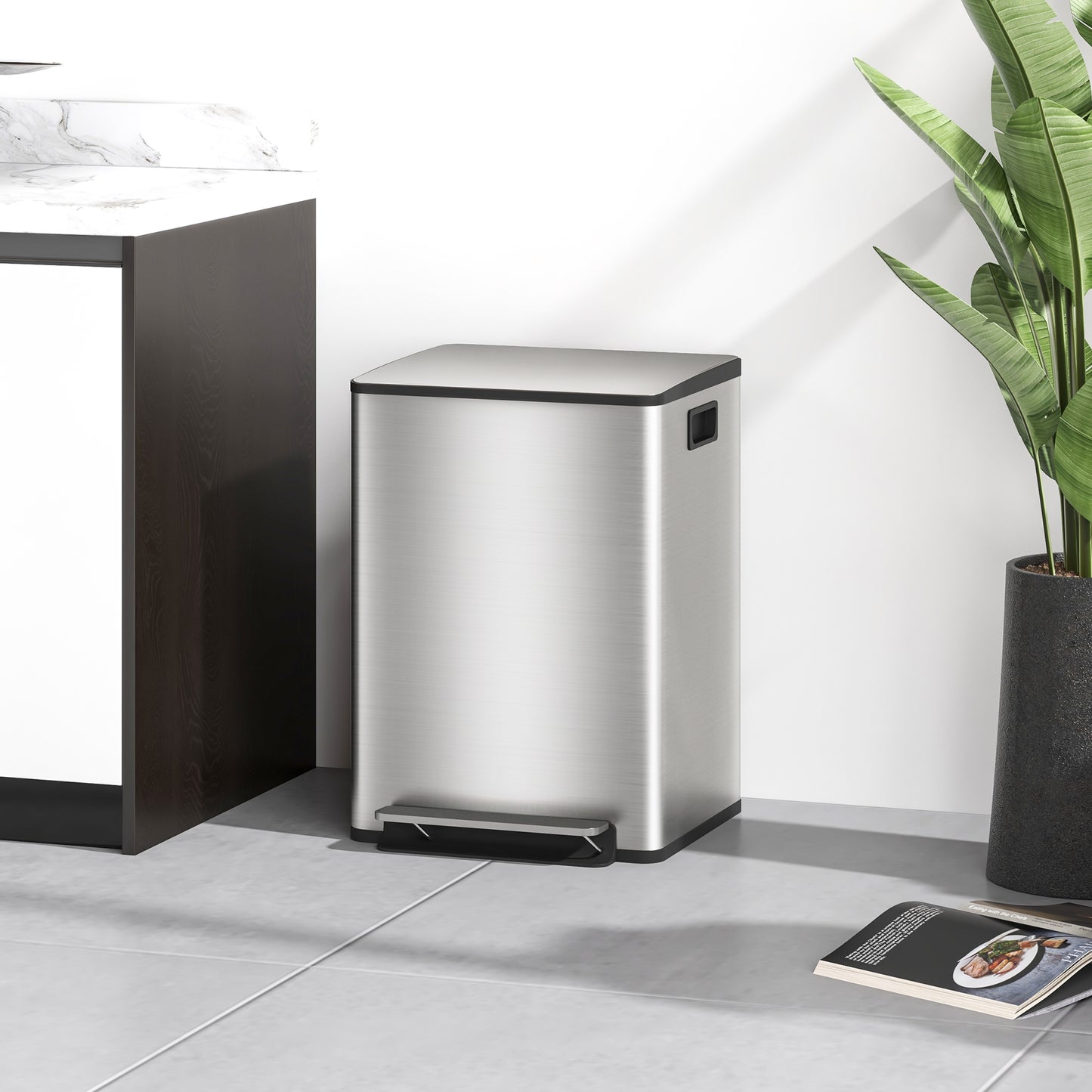 HOMCOM 40L Dual Compartment Stainless Steel Bin With Deodoriser Holders Silver Tone