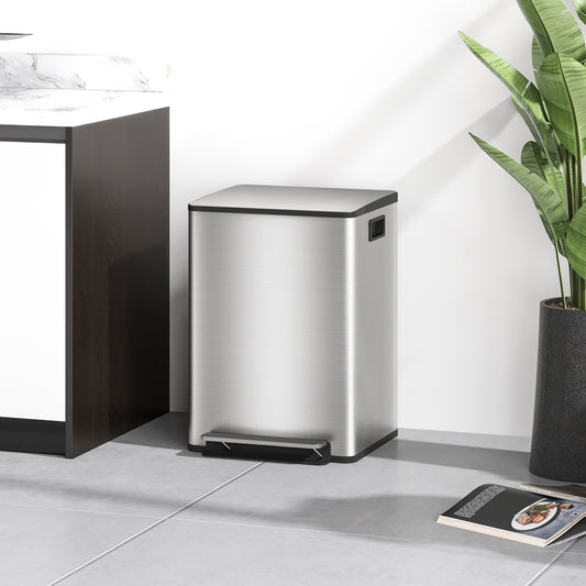 HOMCOM 40L Dual Compartment Stainless Steel Bin With Deodoriser Holders Silver Tone