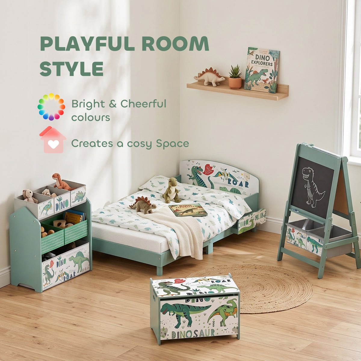 Green kids room setup with matching dinosaur wooden toy storage chest