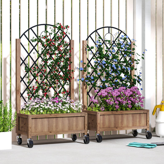 Outsunny Wooden Planter With Metal Trellis On Wheels Brown And Black 20 x 47 Cm Drainage Holes