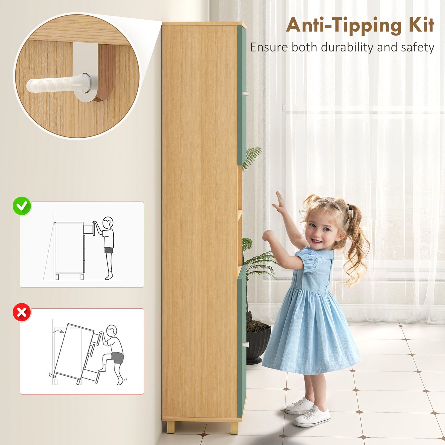 HOMCOM Tall Bathroom Cabinet With Adjustable Shelves And Open Shelves In Green Color