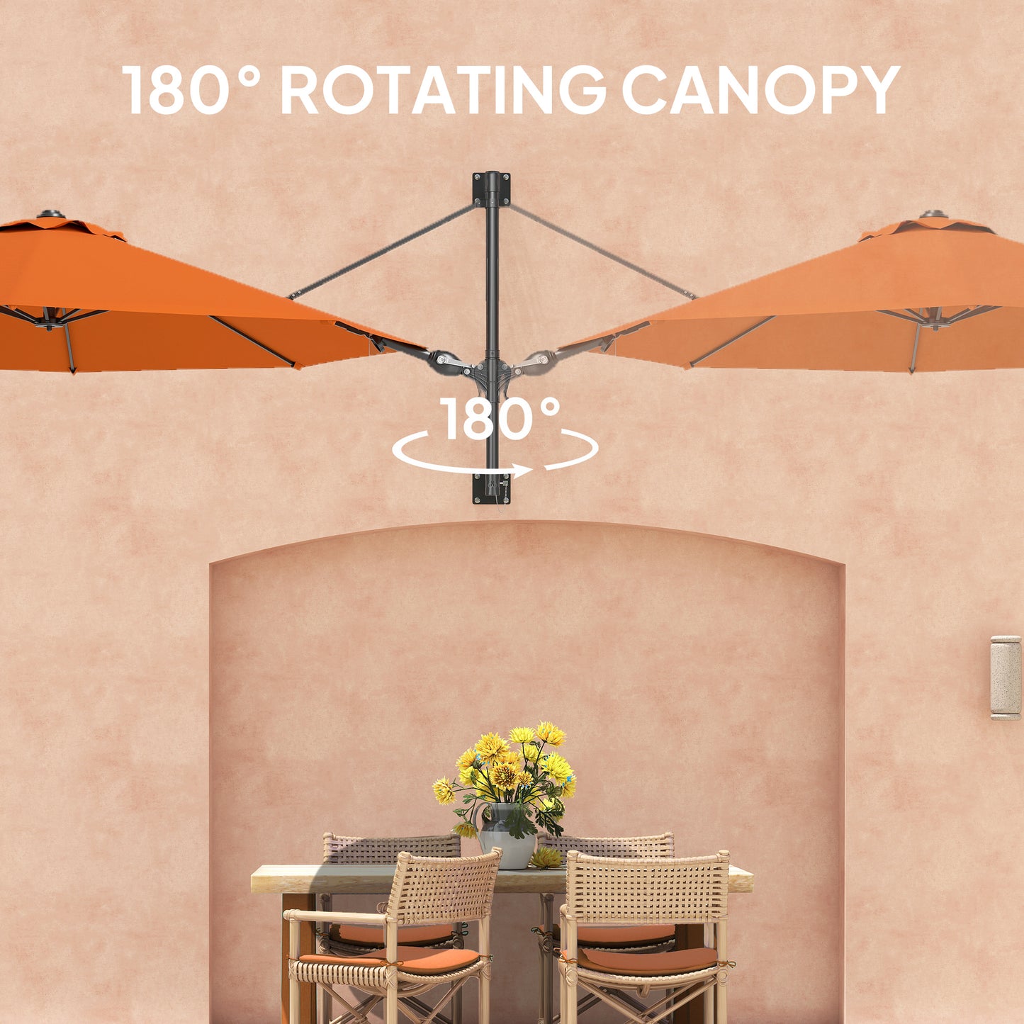 Outsunny 3M Wall Mounted Parasol Shade With Handle Orange Outdoor Garden Patio Canopy