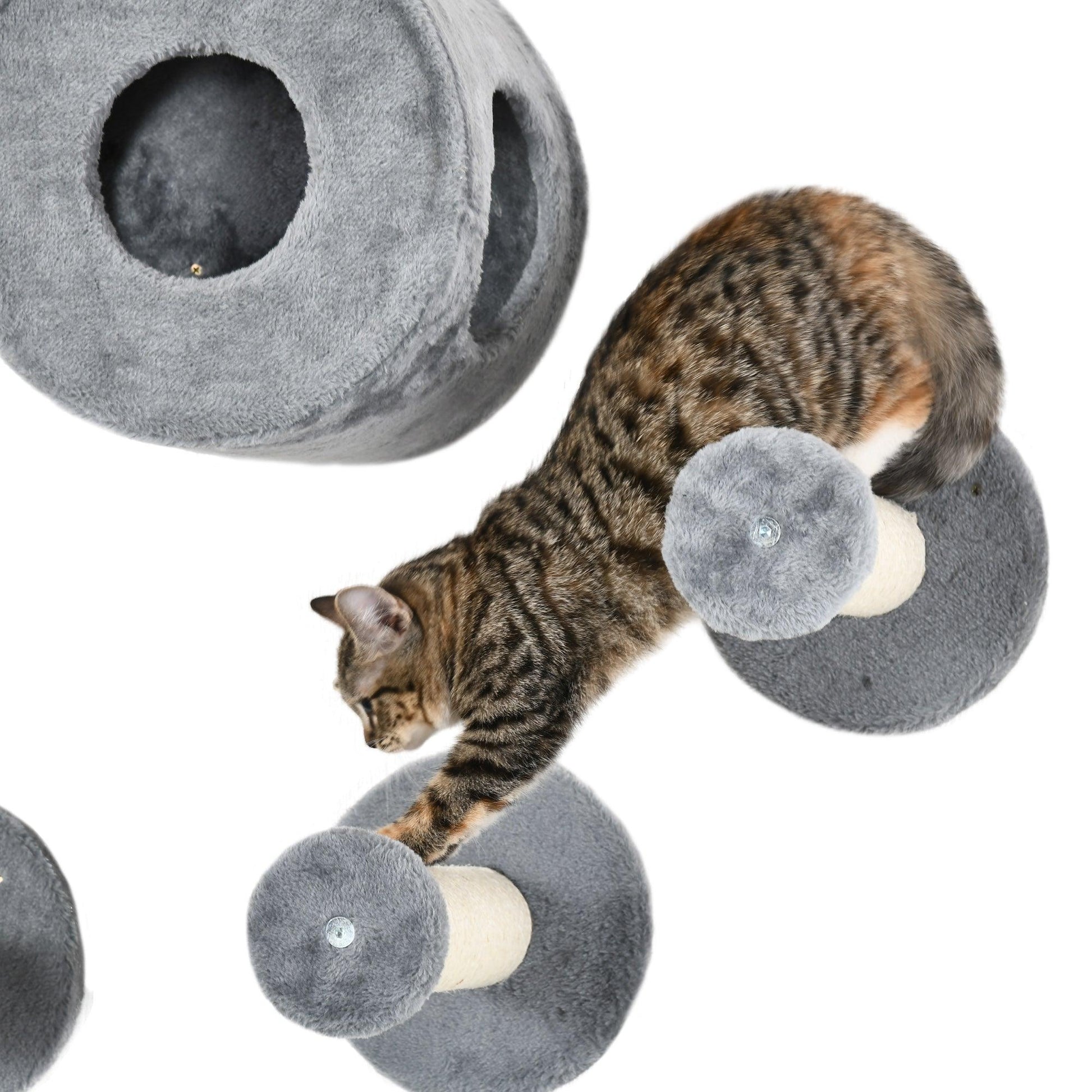 PawHut Grey Cat Wall Furniture with Perch, Condo, Scratching Post - 5Pcs - ALL4U RETAILER LTD